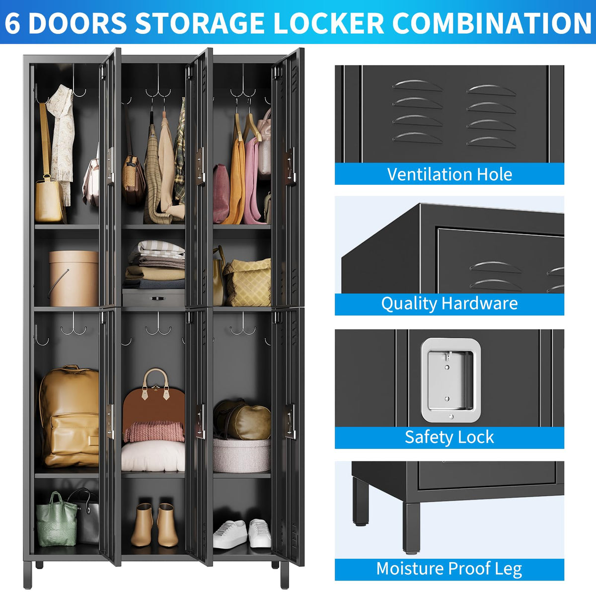 72" Industrial-Grade 9-Door Steel Storage System - 9 Shelves + 29 Multi-Purpose Hooks, Modular Locker Cabinet for Warehouse/School/Home Gym (Reinforced Steel Frame + Anti-Slip Base Plates) - Black