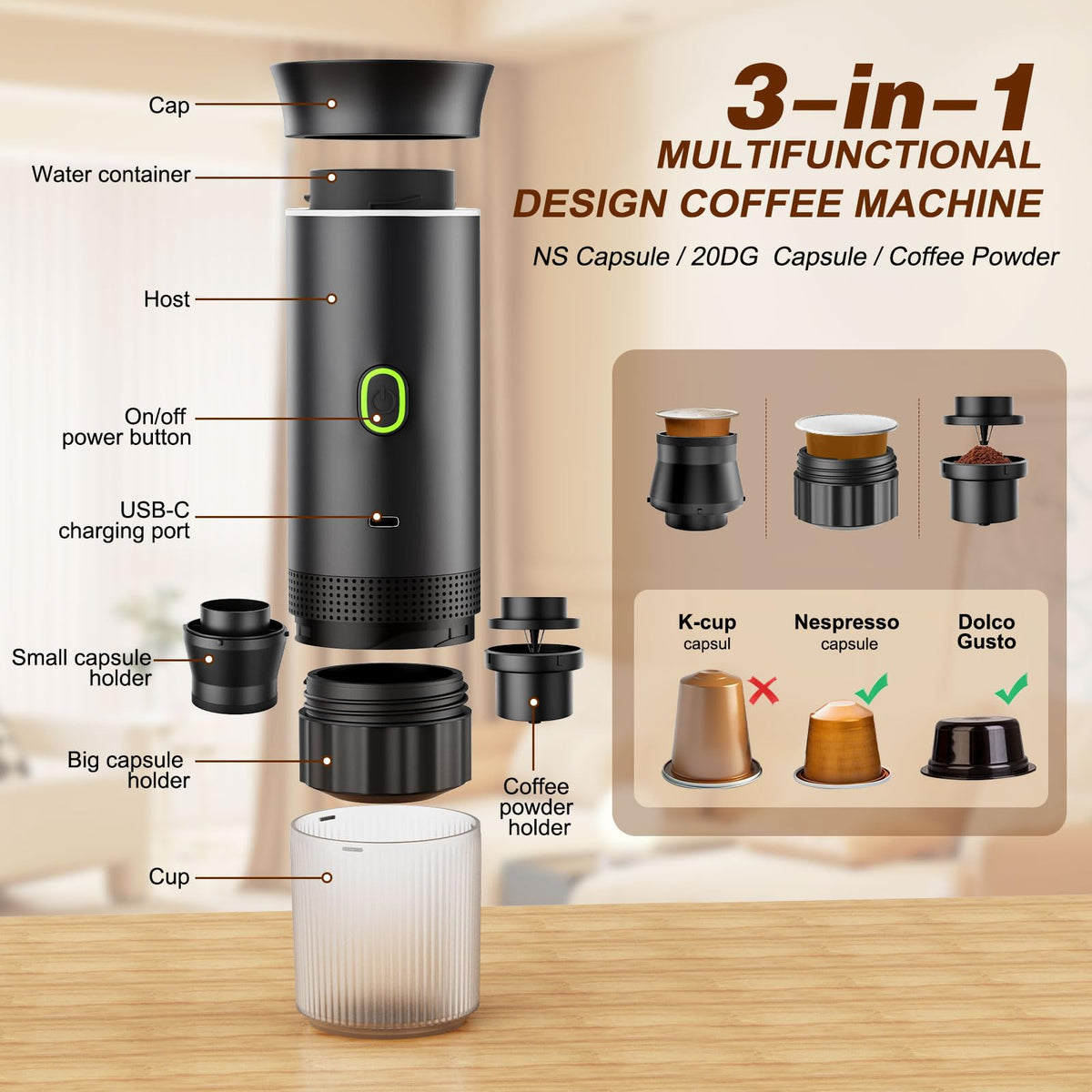 Zordin Portable Battery Espresso Coffee Maker for Travel, 20 bar Mini Car Espresso Machines, 3-in-1 Self-Heating Electric Espresso Maker, USB-C Ground Coffee & Capsule Pod(Ns&DG) RV, Hiking, Office