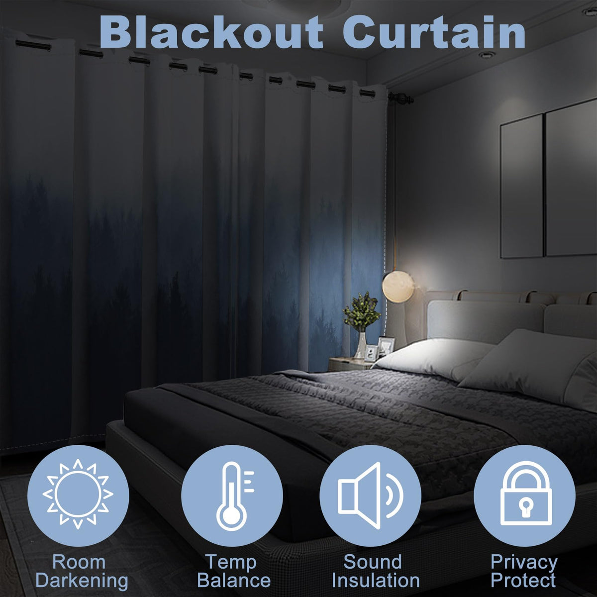 AWERT Blackout Curtains for Bedroom Navy Blue Ombre Forest Window Drapes 2 Panels for Living Room Heat Blocking 21x63inch