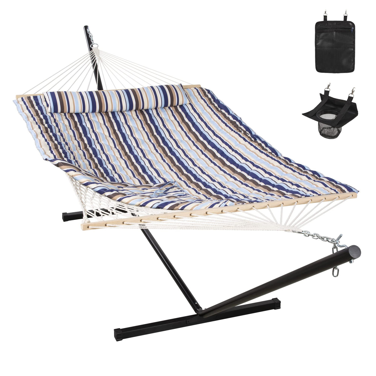 ANOW Outdoor Double Hammock with Stand, Portable Hammock with Detachable Pillow and Pad for Garden Yard Outside, 450 LBS Weight Capacity, Blue Seaside