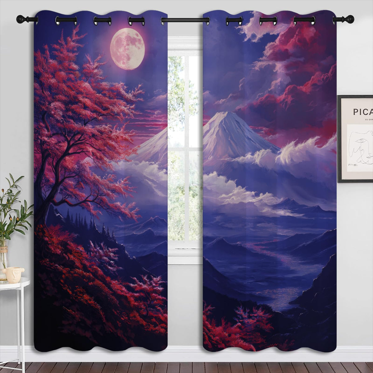 Japanese Style Blackout Curtains for Boys Girl Bedroom Home Decor,Anime Asian Mt. Fuji Red Plum Moon Landscape Painting Thermal Insulated Grommet Darkening Living Room Window Drapes, 72 x 63 inch