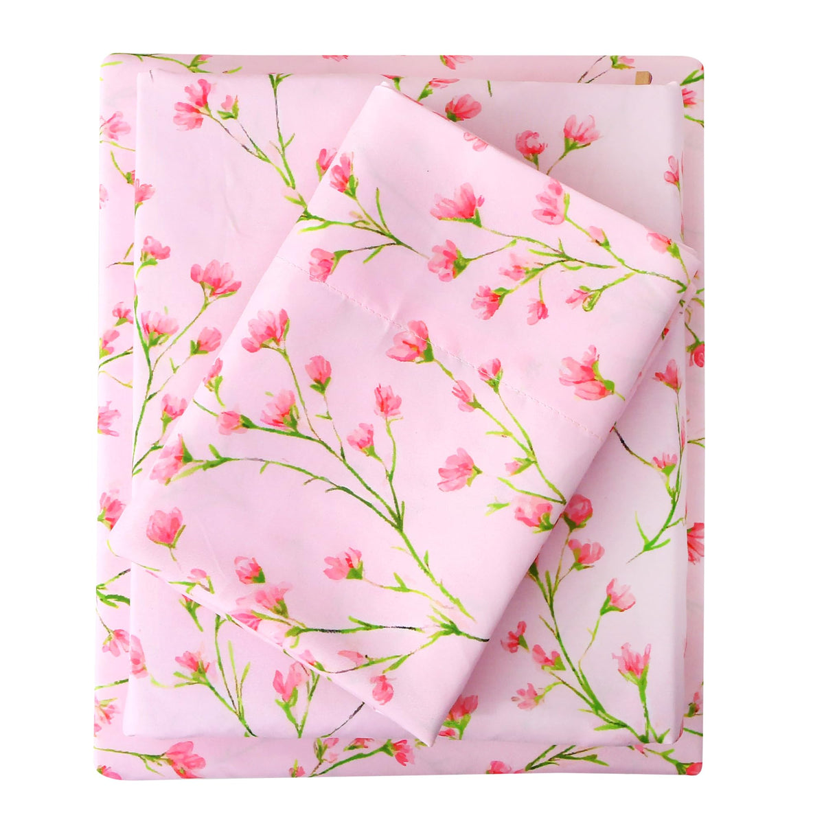 Mooreeke Cozy Floral Microfiber Printed Full Sheet Set - Soft & Breathable Pink Flowers Bed Sheets with Deep Pocket - Non-Slip Fitted Design - Pink Flowers with Green Branches Pattern - Full
