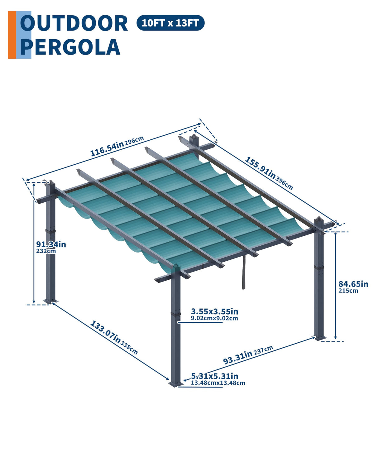 GarveeLife 10x13 ft Outdoor Pergola Metal Gazebo with Adjustable Canopy Reinforced Frame Outdoor Shelter for Backyard Garden Deck - Blue
