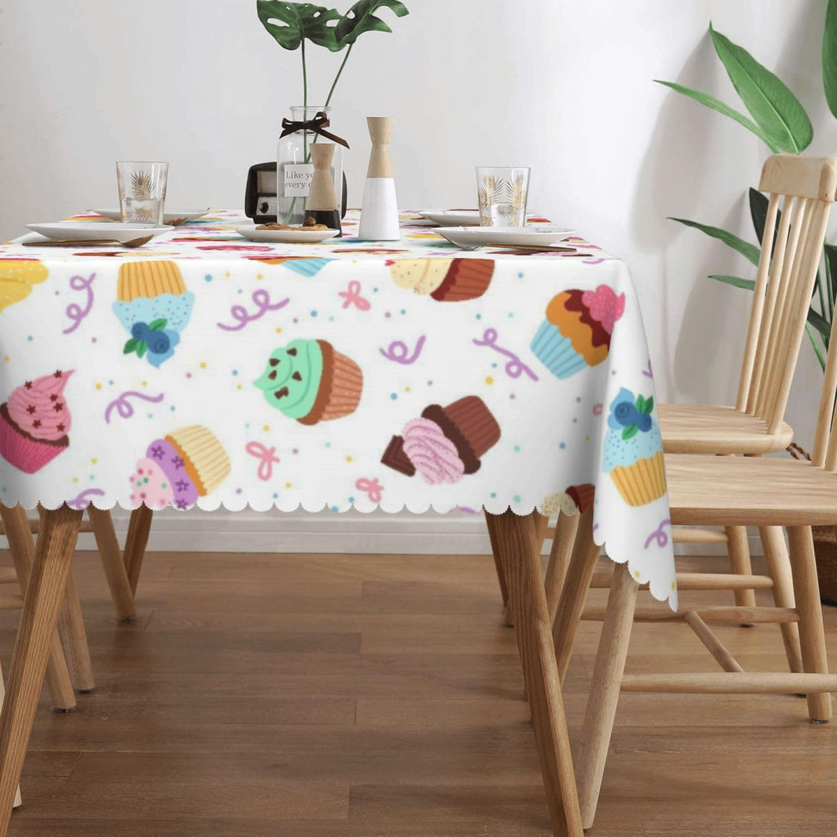DRAVVIX Cute Cupcakes Rectangular Tablecloth Cartoon Cakes Table Cloth with Wavy Lace Decoration Polyester Table Cover for Dining, Parties 54x72 inch