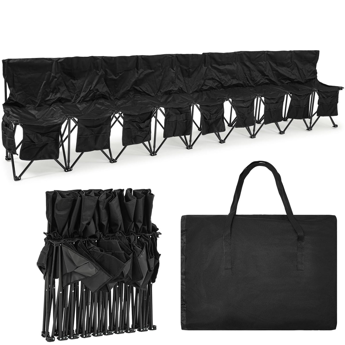 Wonderjune Folding Soccer Bench Portable Sports Team Bench with Pockets and Carrying Bag for Sports Team Outdoor Camp Travel Soccer Practice(Black,9 Seat)