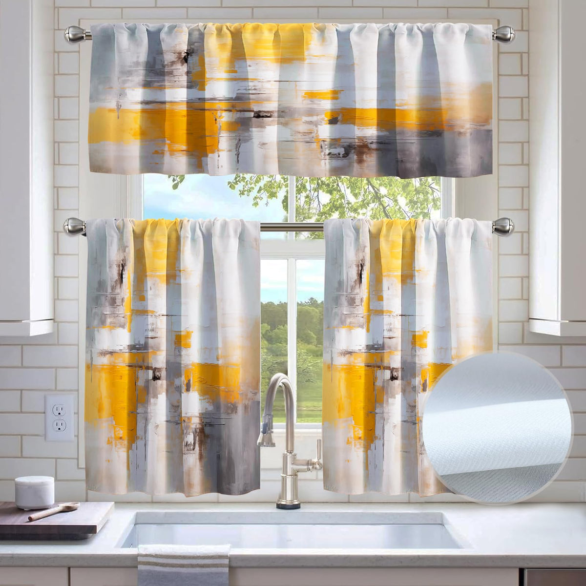 KINUUIS Yellow Brown Blackout Kitchen Window Tier Curtains and Valance Set, 52 x 36 Inch Abstract Art Window Curtains Set with Rod Pocket for Small Windows, Living Room or Bathroom