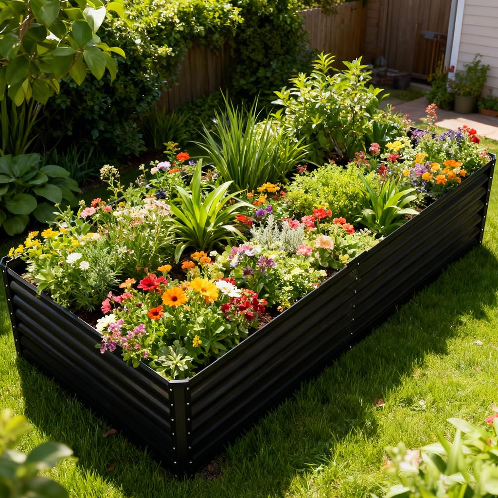 COMHOMA Raised Garden Bed 6x3x2ft,Galvanized Metal Planter Box Kit for Outdoor Gardening,Large Vegetable Flower Growing Beds with Gloves Tools,Black