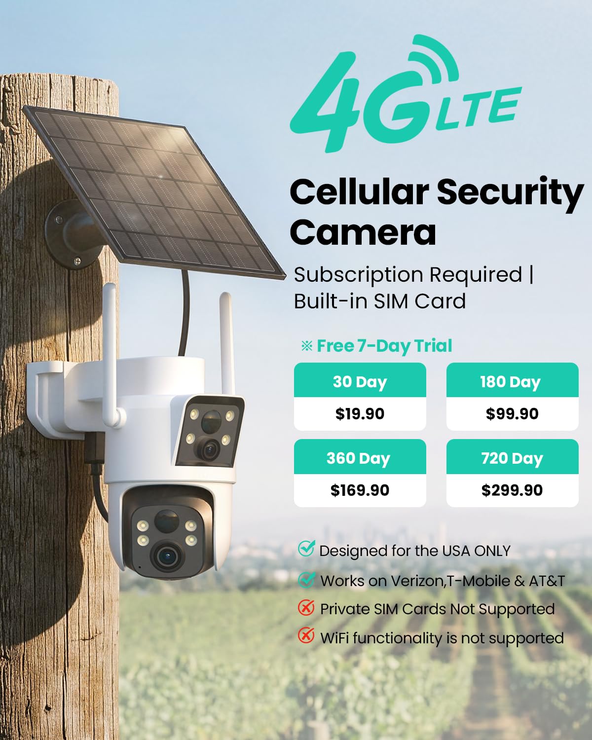 LIWAN 4G LTE Cellular Security Camera Wireless Outdoor, No WiFi Dual Lens, 360° PTZ & Fixed Dual Lens, 2K Color Night Vision, PIR Human Detection, IP66 Weatherproof, 2-Way Audio, Built-in SIM Card
