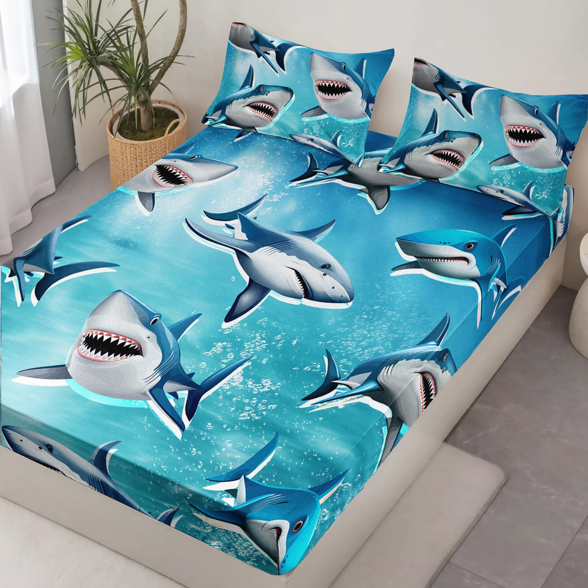 HOSIMA Teens Shark Print Fitted Sheet Set,Shark Swimming in The Underwater World Pattern Bedding Sets Full Size,Ocean Animal Theme Fitted Sheet for Kids Boys Room Decor,1 Fitted Sheet+2 Pillowcases.