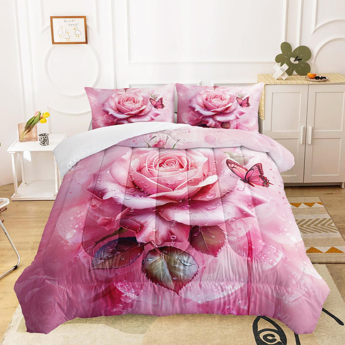 AILONEN Pink Rose Comforter Set Queen Size,Rose Flower Butterfly Bedding Set for Girls Women,Modern Romantic Floral Printed Art Pink Comforter with 2 Pillowcases,3 Piece Soft Microfiber
