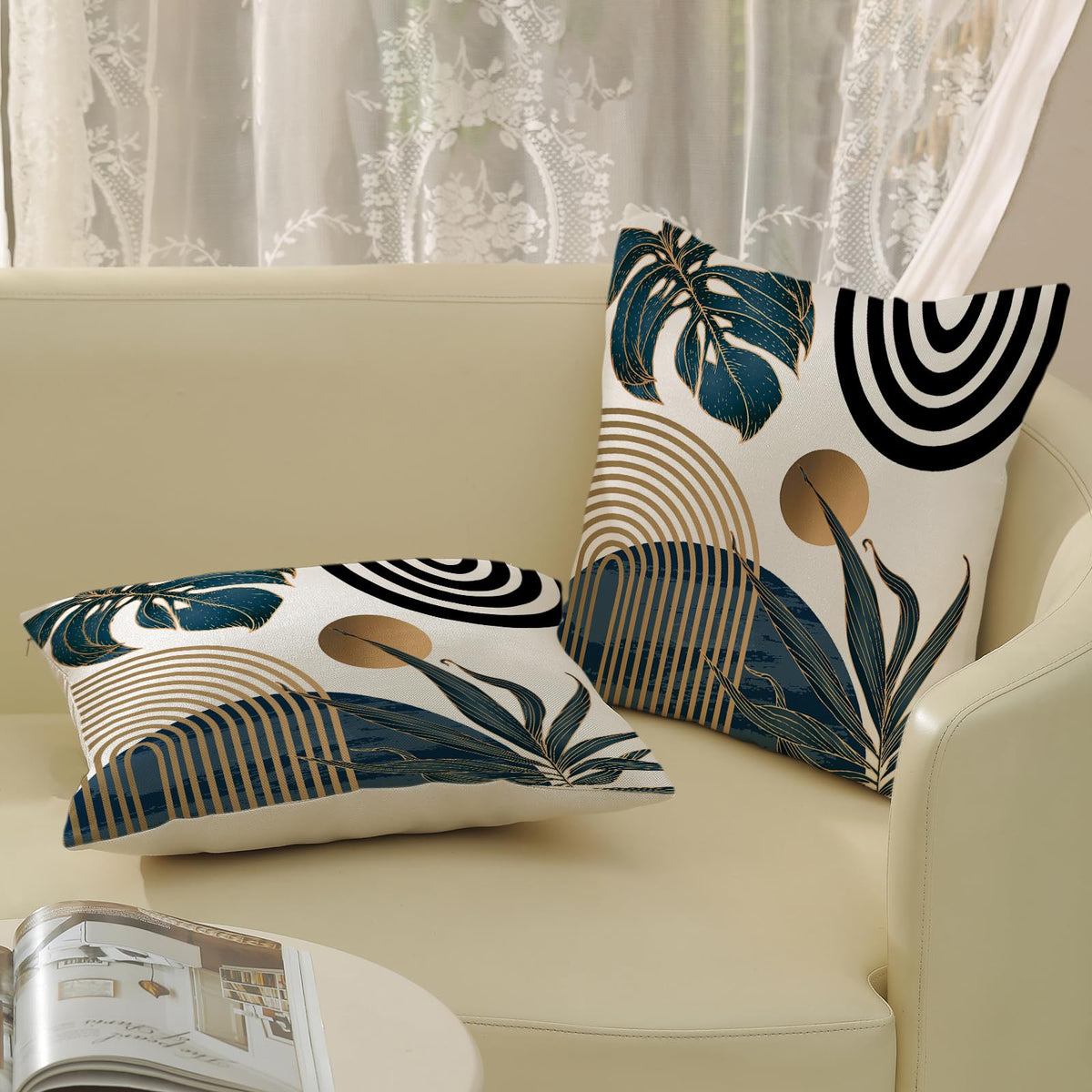 Boho Pillow Covers 18x18 Set of Mid Century Navy Blue Black Gold Tropical Leaf Throw Pillow Covers Outdoor Decor,Abstract Modern Bohemian Farmhouse Square Decorative Cushion Cover for Home Sofa