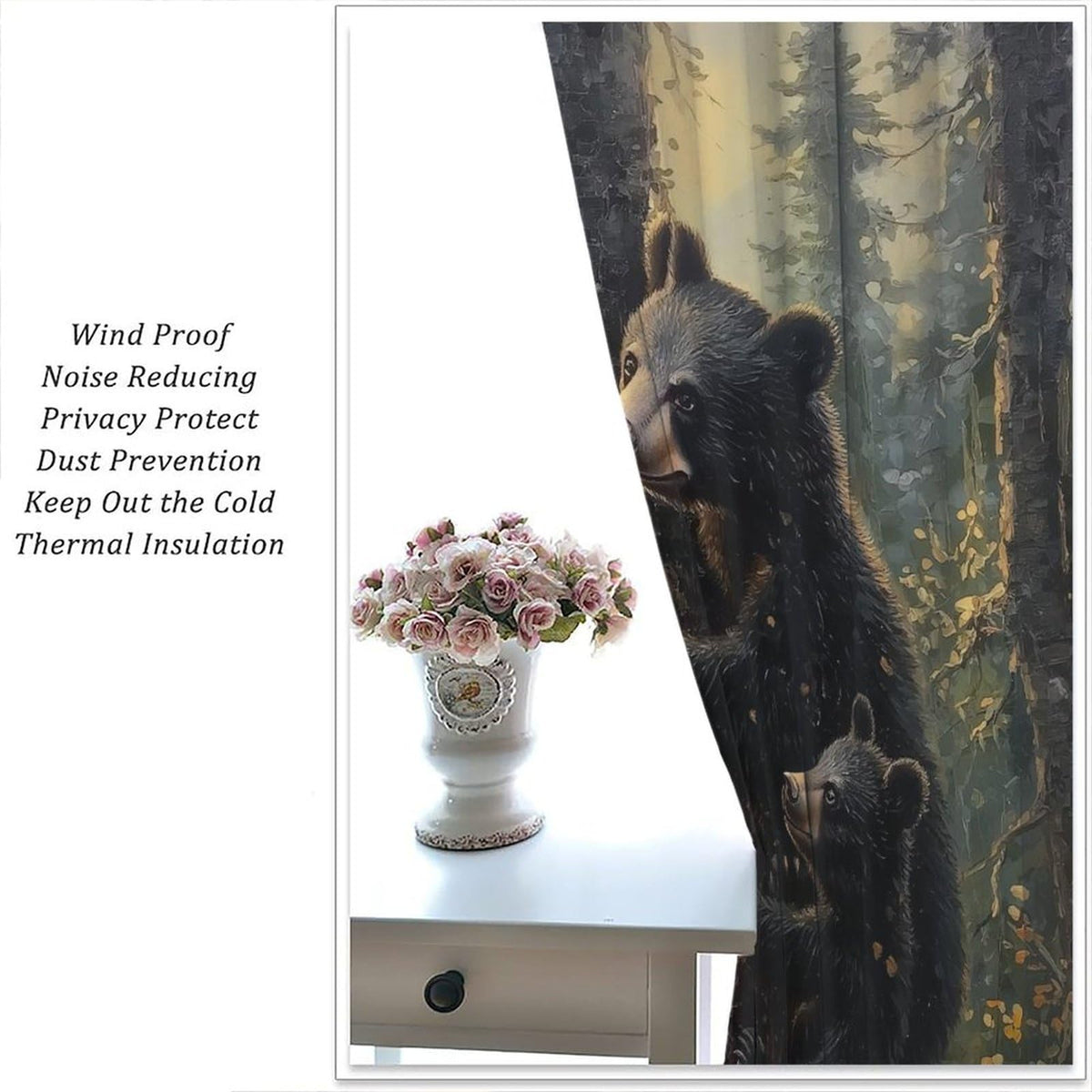 LOMADIA Bear Blackout Curtains, Retro Funny Forest Animal Woodland Wildlife Pattern Drapes, Black Bear Window Treatments Curtain for Kitchen Bedroom Living Room Home Decor 42" W x 45" L