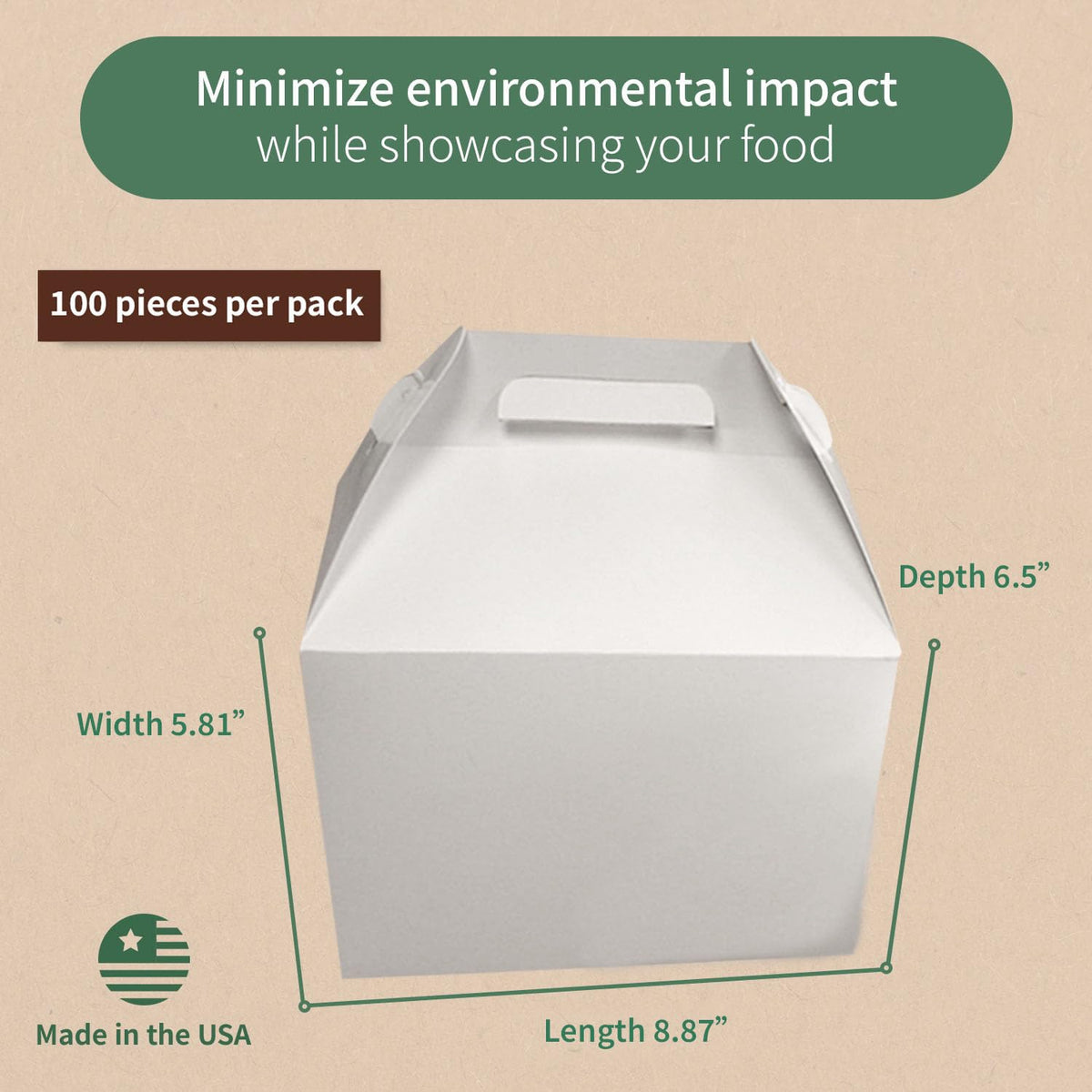 FC Meyer Packaging MeyerBarn White Glossy Chicken Gable Boxes with Handles, Durable Cardboard Food Take Out Cartons, Barn Style Box for Fried Chicken & Meals, 10lb, 8" L x 6" W x 5" H (Pack of 100)