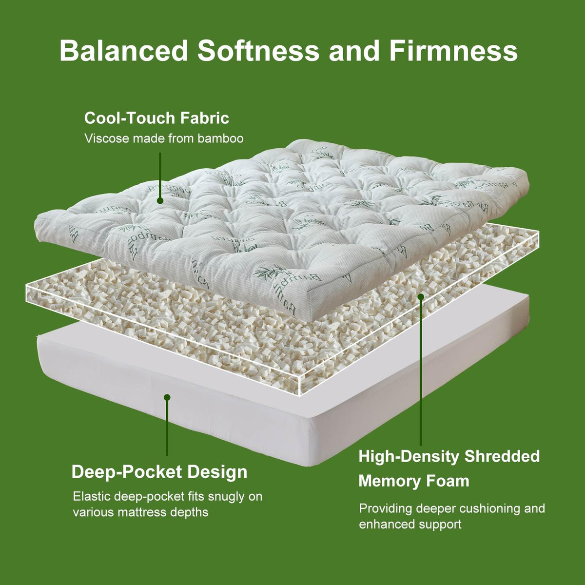 Whatsbedding Memory Foam Mattress Topper Queen Size, 5 Inches Slow Rebound Memory Foam Topper with Cooling Viscose Made from Bamboo Cover, Deep Pocket Designed Mattress Topper