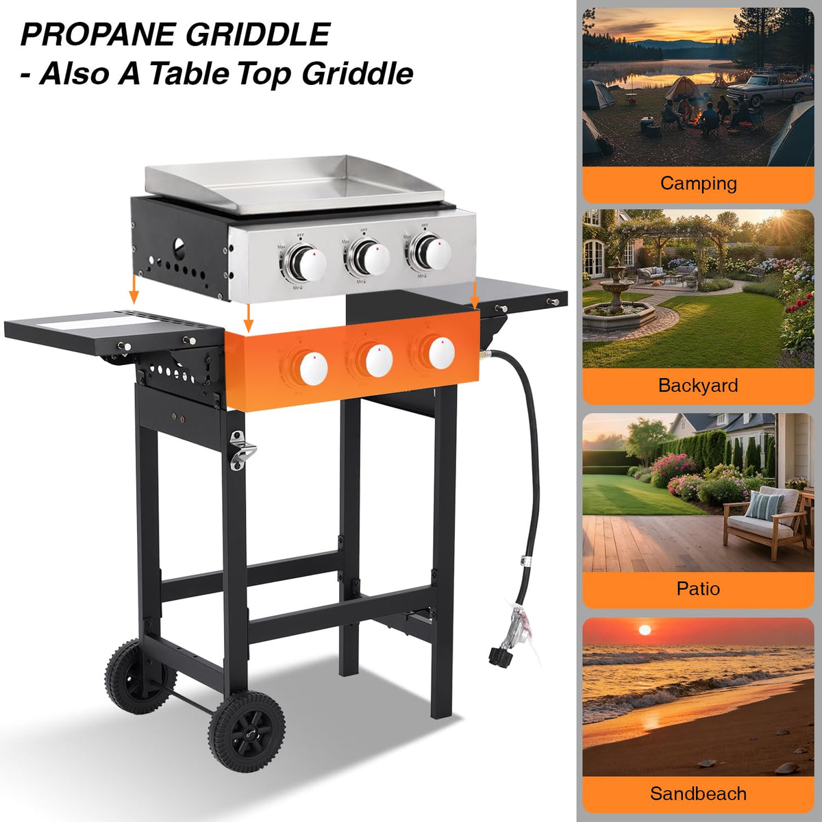 GRILL DEPOTS Gas Grill Griddle Combo with 3 Burners - Propane Grill on Cart - Stainless Steel 30,000 BTU -Camping Grill with 2 Foldable Tables, Cover - Outdoor Cooking Station for BBQ Backyard