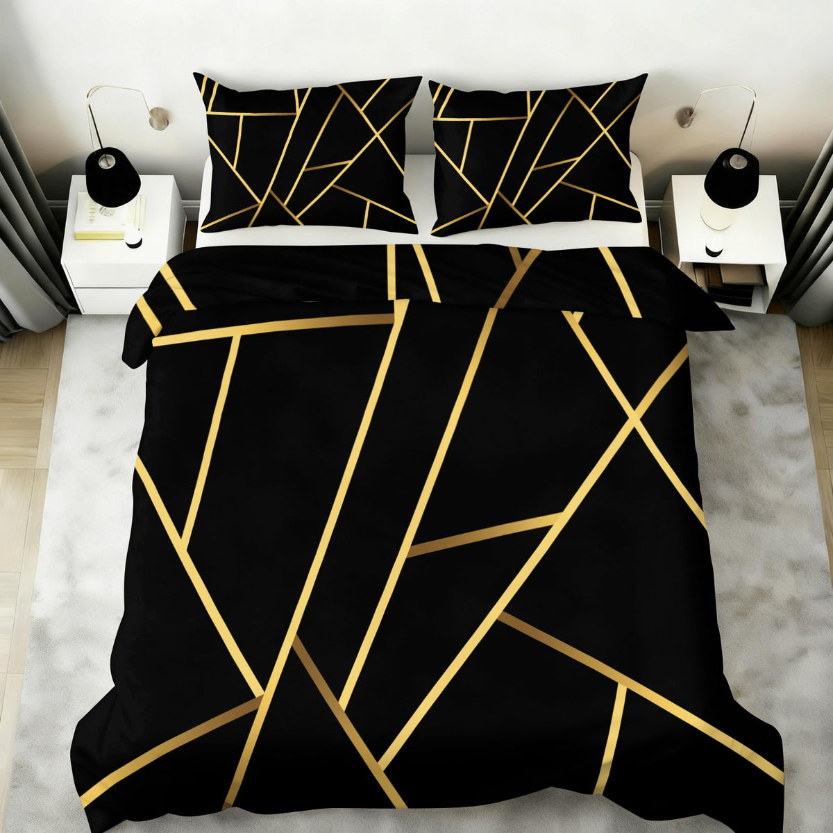 ZAOMIR Geometric Duvet Cover Queen Size, Abstract Modern Geometric Stripes Bedding Set 3 Piece, Black Gold Geometry Lines Patterned Comforter Cover with Zipper Soft Microfiber, 2 Pillowcases