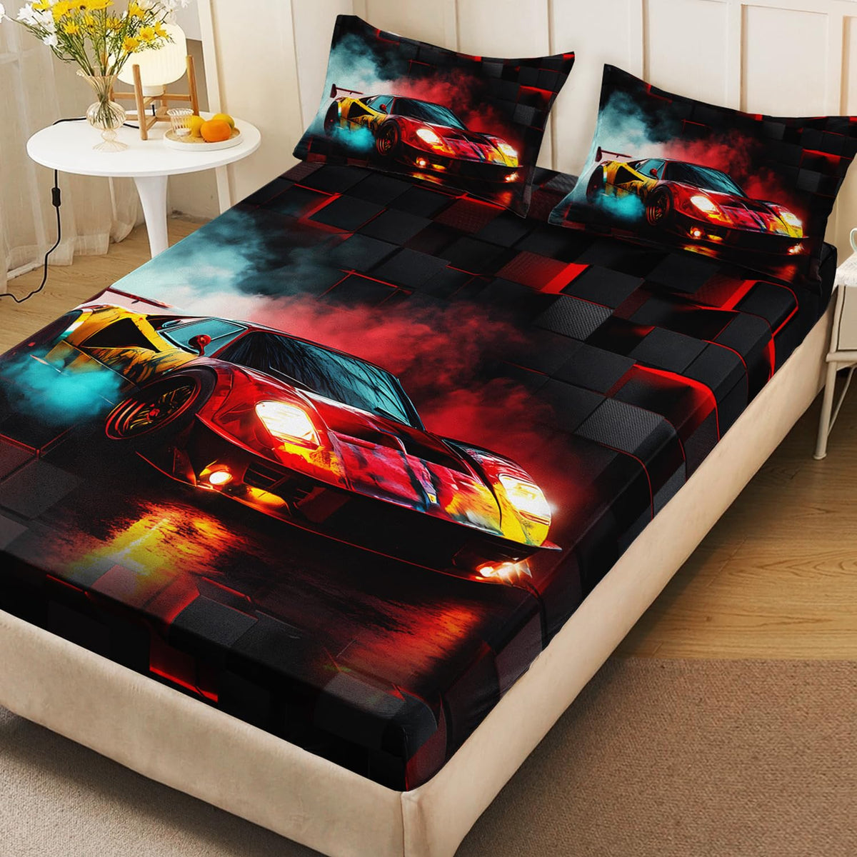 HOSIMA Boys Race Car Twin Fitted Sheet,Black Red Geometric Background Pattern Lightweight Cool Extreme Sports Bedding for Kids Men Car Room Decor,1 Fitted Sheet+2 Pillowcases.