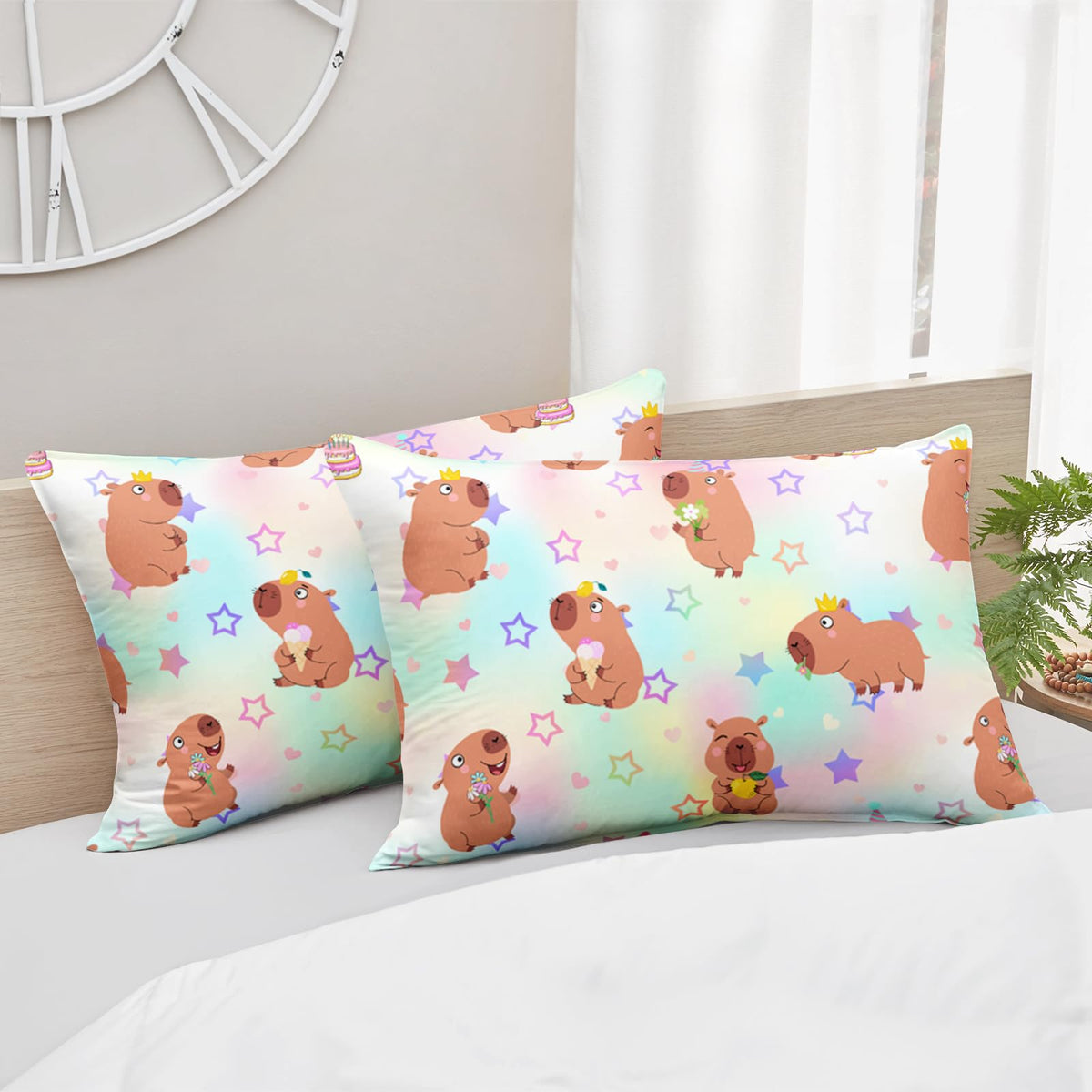 AILONEN Kawaii Capybara Comforter Set Queen Size,Cute Cartoon Capybara Rainbow Bedding Set for Girls Kids,Lovely Animal Star Quilt & 2 Pillowcases-3 Pieces