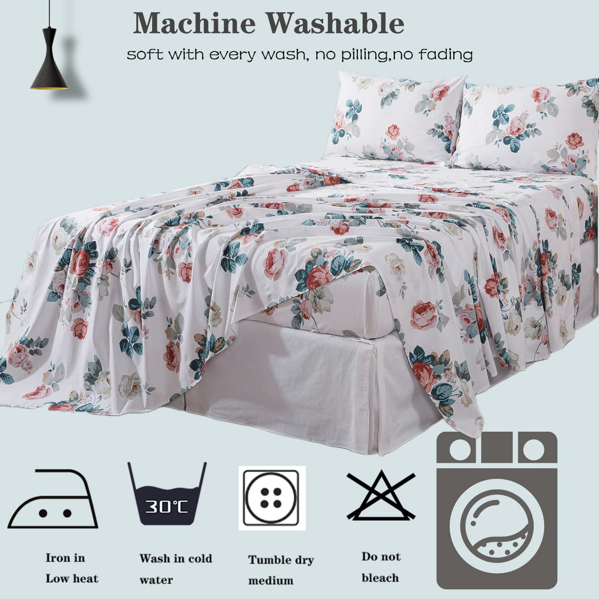FADFAY Floral Cotton Sheets Queen 100% Cotton Flower Bed Sheets Pink White Dark Blue Leaf Print Shabby Vintage Sheet Set Chic Farmhouse Bedding Soft Crisp Breathable Deep Pocket Fitted Sheet 4Pcs