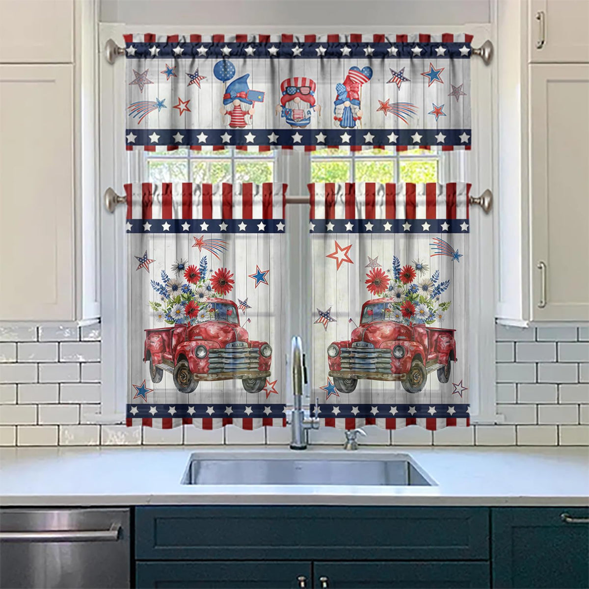 American 4th of July Kitchen Curtains Valances and Tiers Set for Windows, Patriotic Independence Memorial Day Bathroom Window Curtain Valance 3 Piece Sets,Kitchen Decor for Living Room,54"x 36"