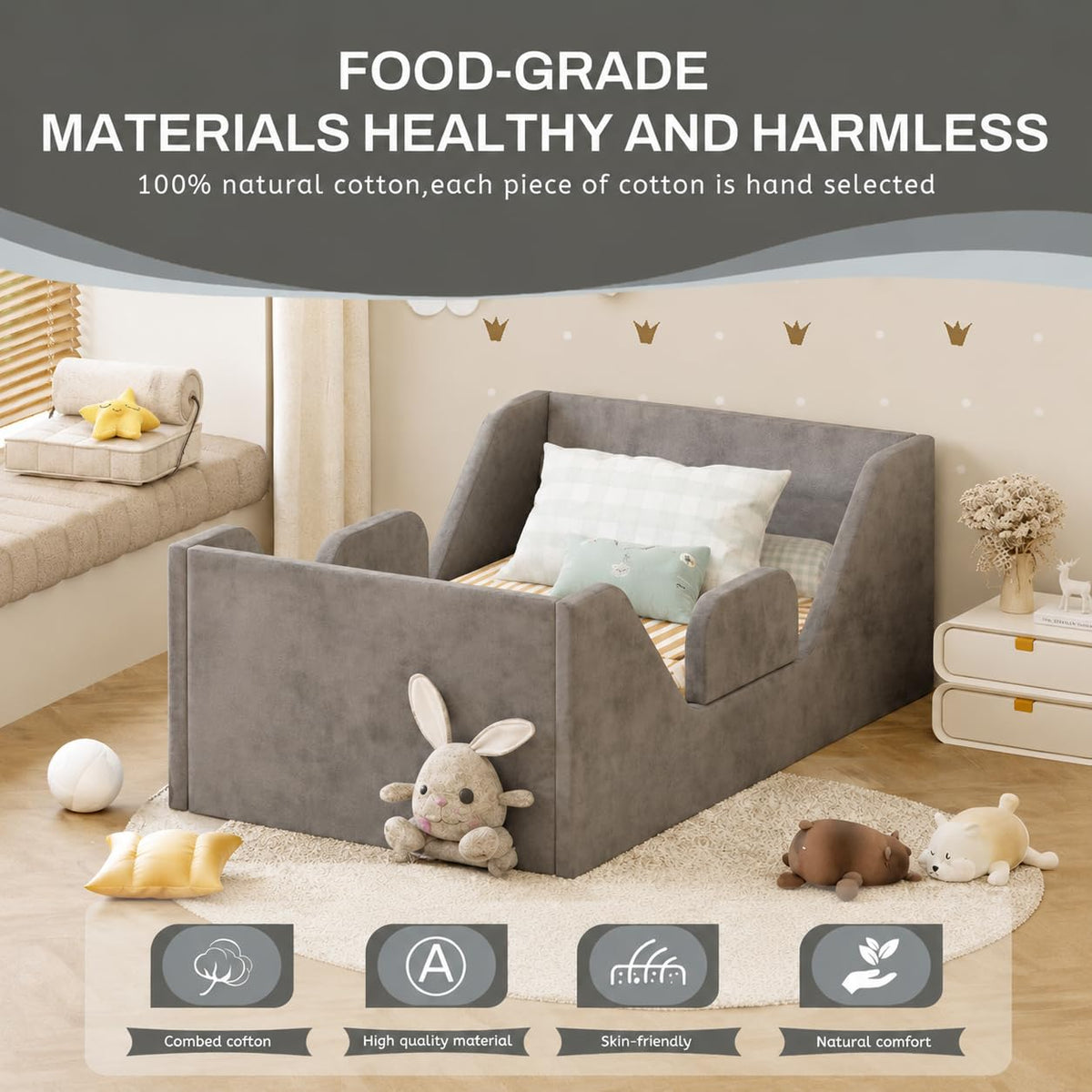 SOFTLYNICE Toddler Bed, Toddler Floor Bed Frame with Guard Rails, Small Bed for Kids Boys and Girls Aged 2-6 Years, Standard Crib Mattress Toddler Beds, Certified Fabric Toddler Beds(Big Gray)