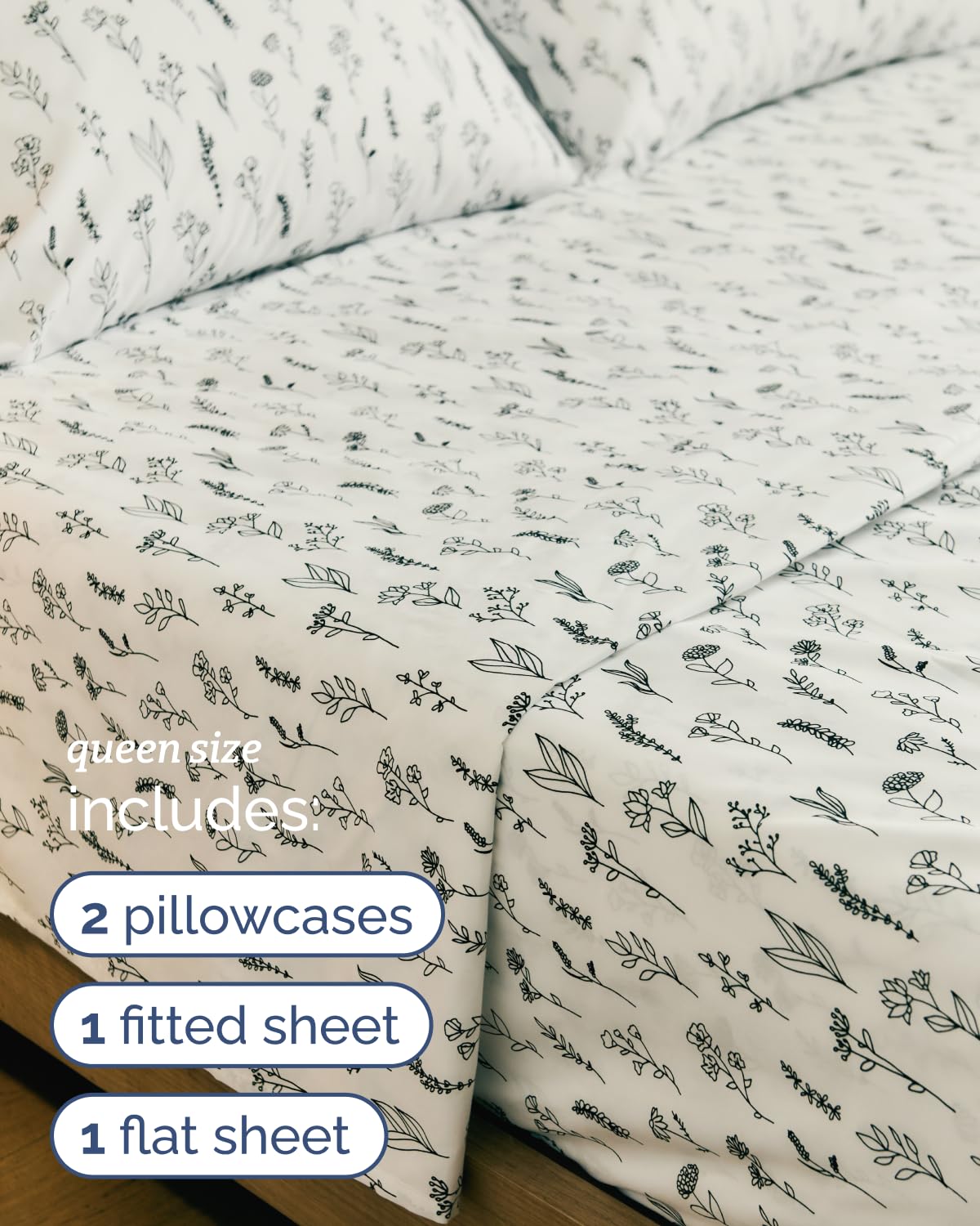 Floral Sheets - Black & White Floral Bed Sheet Set - 1 Flat, 1 Fitted & 2 Pillowcases w/ Deep Pockets - Wrinkle & Fade Free - Boho Botanical Bedding - Ultra-Soft, Breathable & Cooling - Queen Size Set