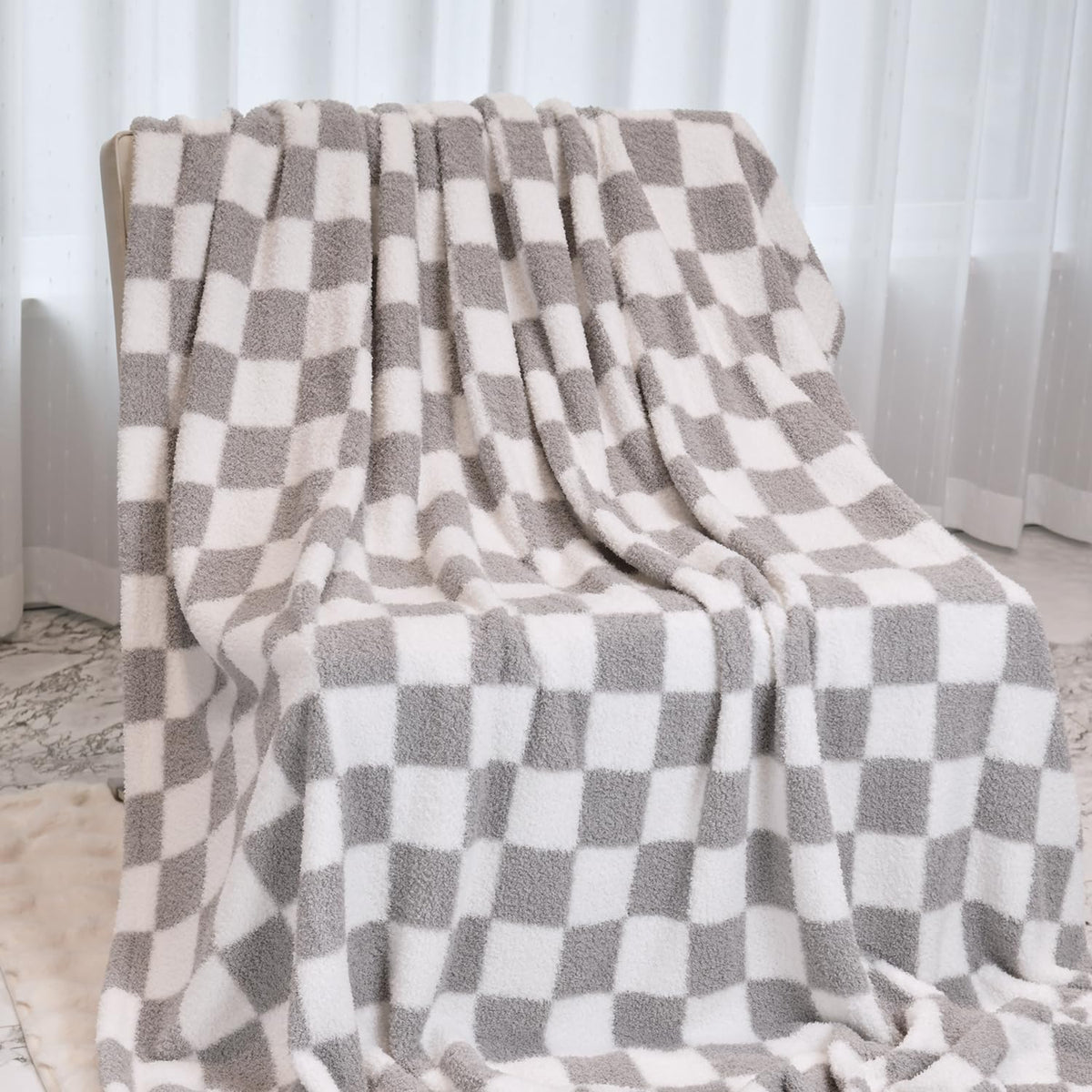 MERRYLIFE Checkered Throw Blanket Knitted Double-Side Checkerboard Grid Microfiber Ultra-Plush Soft Fuzzy Cozy Blanket for Couch Chair Bed Travel (Grey-1, 50x60inch)