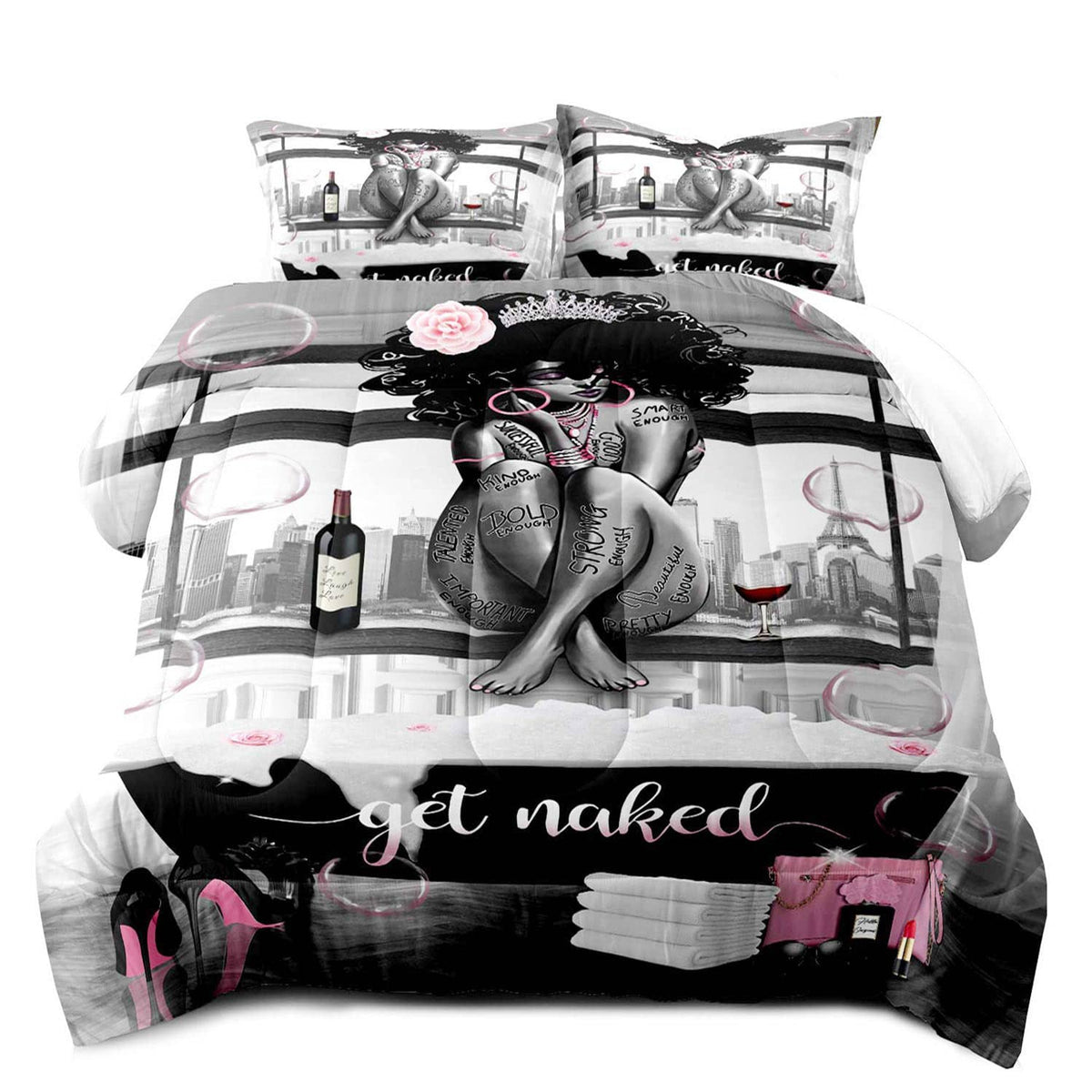 LUVIVIHOME 3PCS African American Black Girl Comforter Set, King Size Comforter Set, Bag High Heels Inspirational Quotes Black and White Bedding Quilt, Pink Bedroom Decor for Women, 2 Pillow Shams