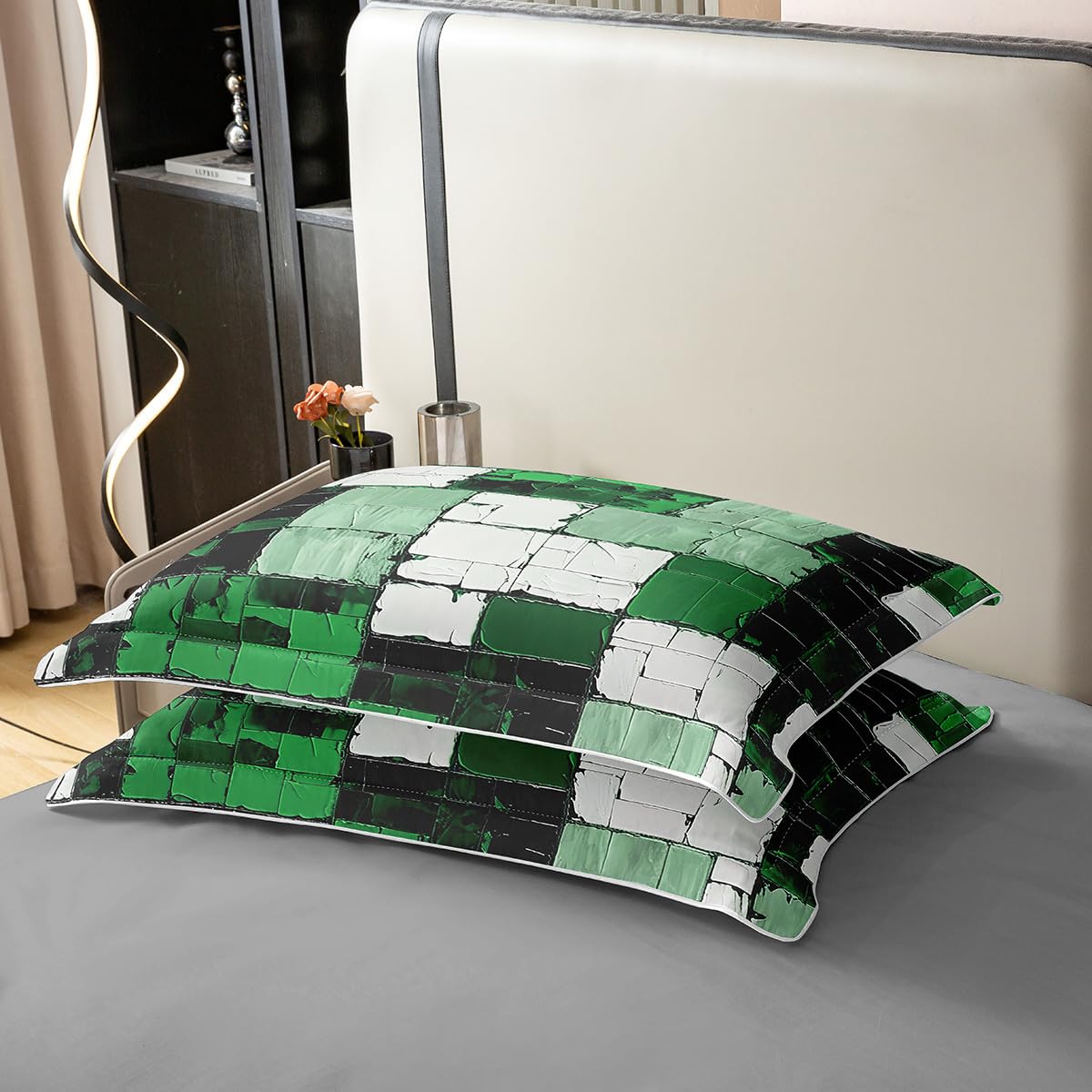 jejeloiu Green Black Abstract Duvet Cover 100% Cotton Geometric Minimalist Square Bedding Set Queen Size for Kids Boys Girls Modern Abstract Art Comforter Cover（No Comforter）