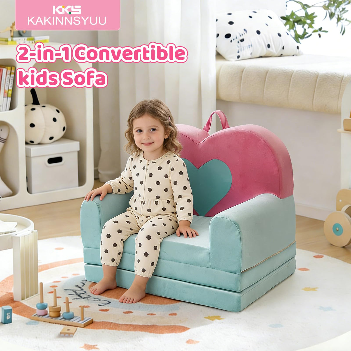 KKS KAKINNSYUU 2 in 1 Toddler Couch Kids Sofa, Fold Out Foam Couch Convertible to Lounger, Soft Plush Toddler Sofa for Playroom, Kids Furniture Gift for Birthday Childrens Day, Pink Heart