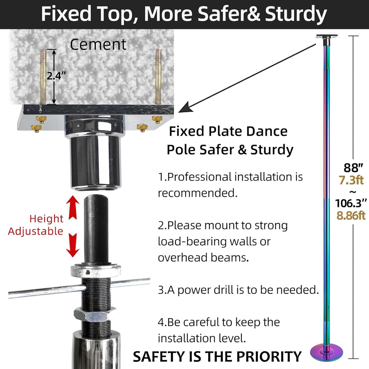 PRIOR FITNESS Fixed Dance Pole Kit Safer & Sturdy, Premium 45mm Spinning & Static Dancing Pole Heavy-Duty Steel, Adjustable Height 7.3ft to 8.86ft Professional Grade Excellent for Home Exercise Studio