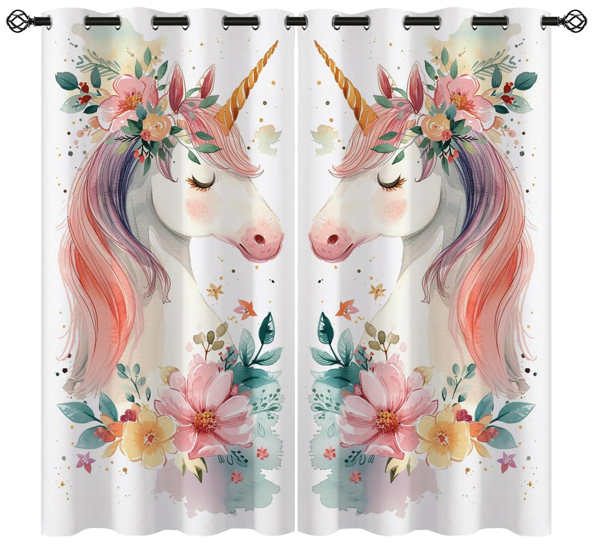 Unicorn Flower Blackout Curtains for Girls Boys Kids Home Decor, Fantasy Floral Pink Cartoon Unicorn Grommet Thermal Insulated Drapes Darkening Window Curtain for Bedroom Living Room, 42 x 45 Inch