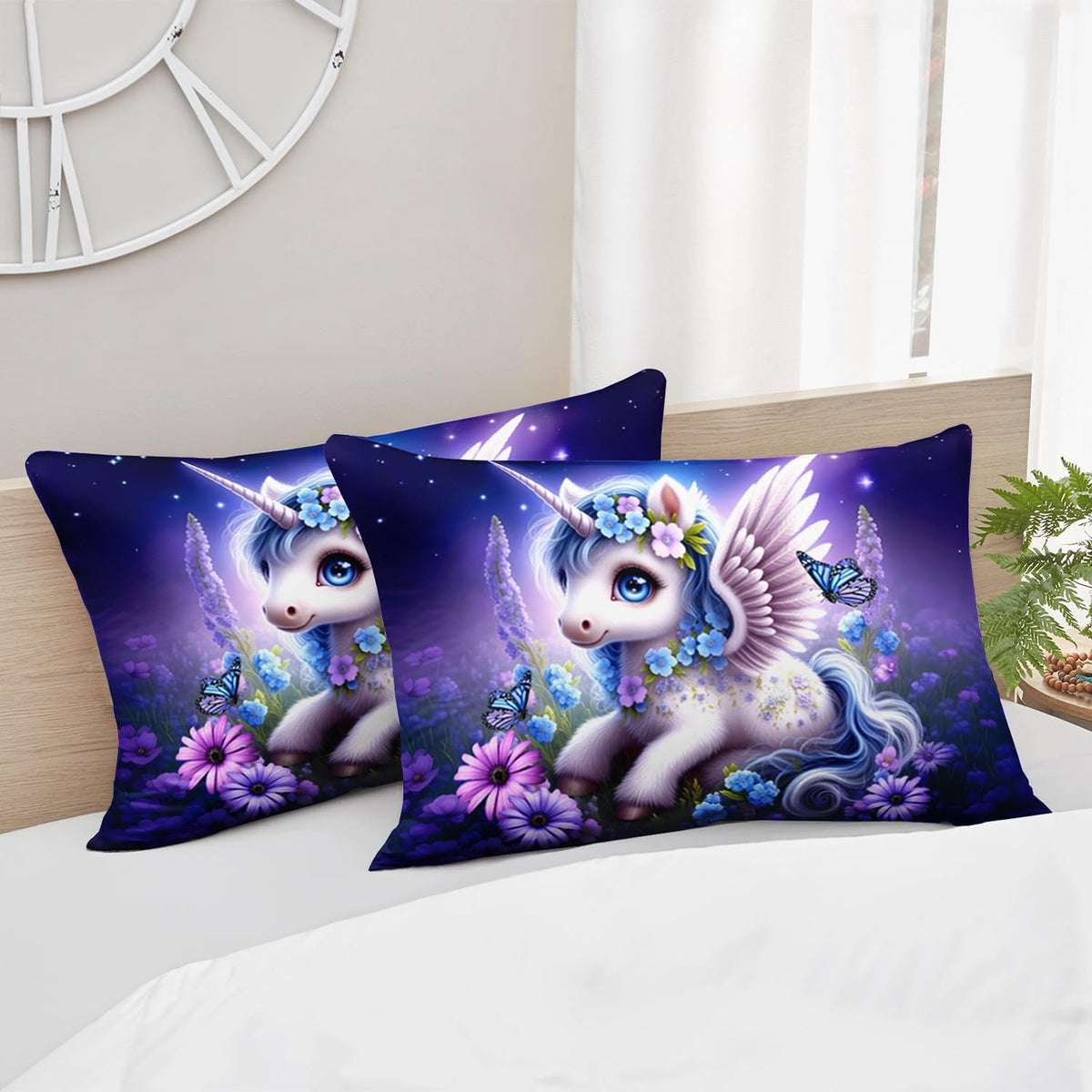 HOSIMA Unicorn Twin Fitted Sheet,Kawaii Unicorn Surrounded by Flowers Butterflies Print Animal Bedding,Lavender Pattern Princess Bedding for Kids Girls Room Decor,1 Fitted Sheet+2 Pillowcases.