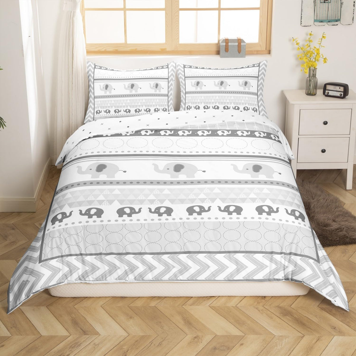 Kids Gray Elephant Duvet Cover Twin Size,Cartoon Cute Animals Print Comforter Cover Set for Kids Boys Girls,Geometric Grid Stripes Arrow Circle Bedding Quilt Cover Set Bedroom Decor, 2 Pieces
