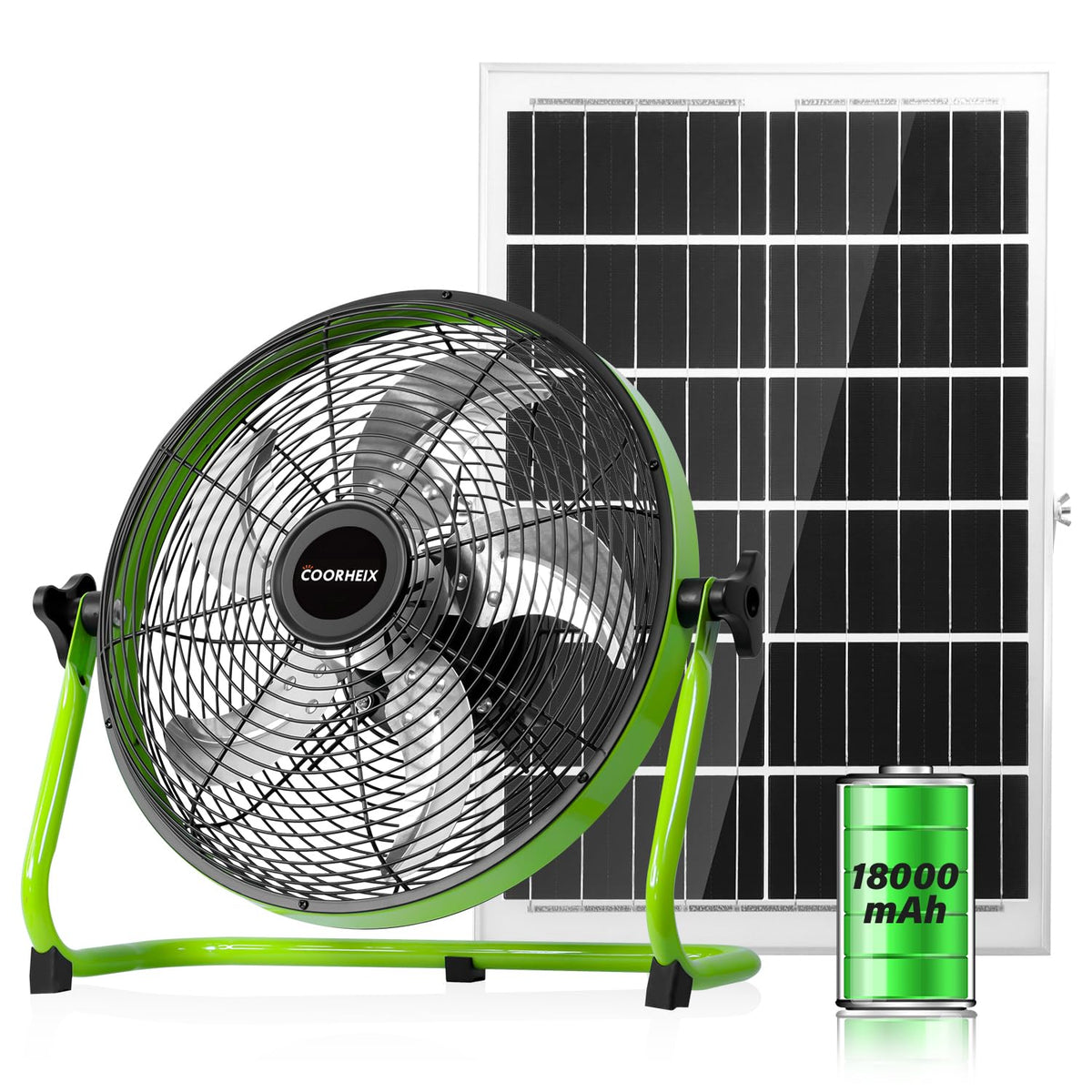 COORHEIX 12'' Solar Powered Floor Fan Rechargeable, 18000mAh Battery Operated Fan 5-Blade Portable Outdoor Fan 360° Tilt for Outside, Greenhouse, Camping, Shed