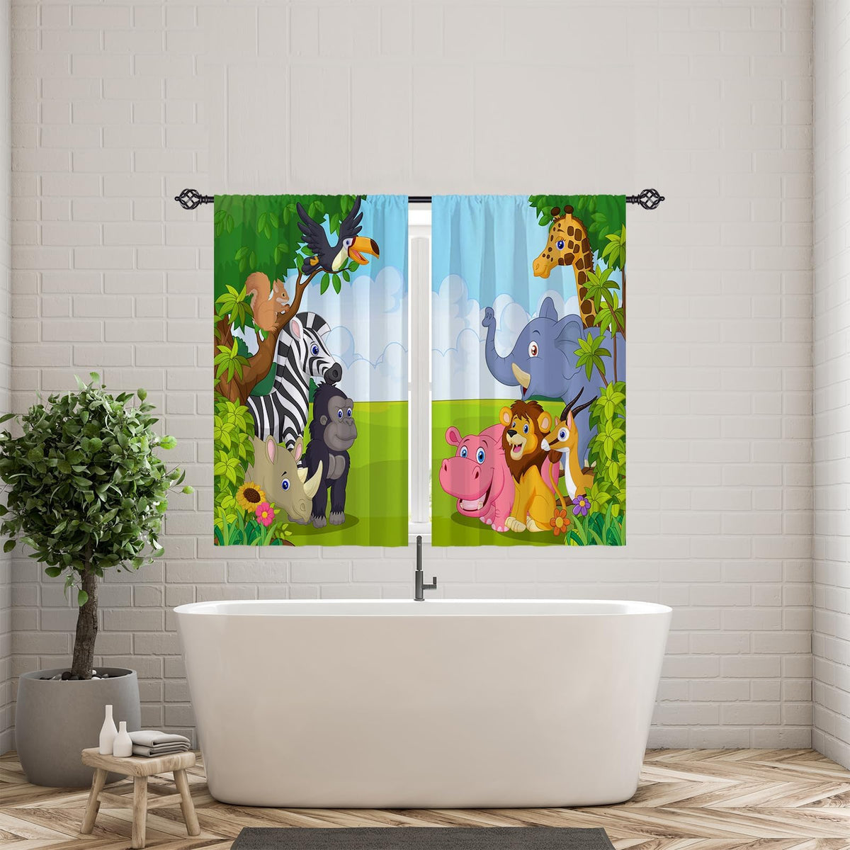 YUANZU Kids Animal Curtains W42 x L63 Inch Rod Pocket Jungle Safari Wildlife Zoo Elephant Giraffe Lion Print Pattern Privacy Fabric Window Drapes for Boys Bedroom Nursery Baby Playroom 2 Panels