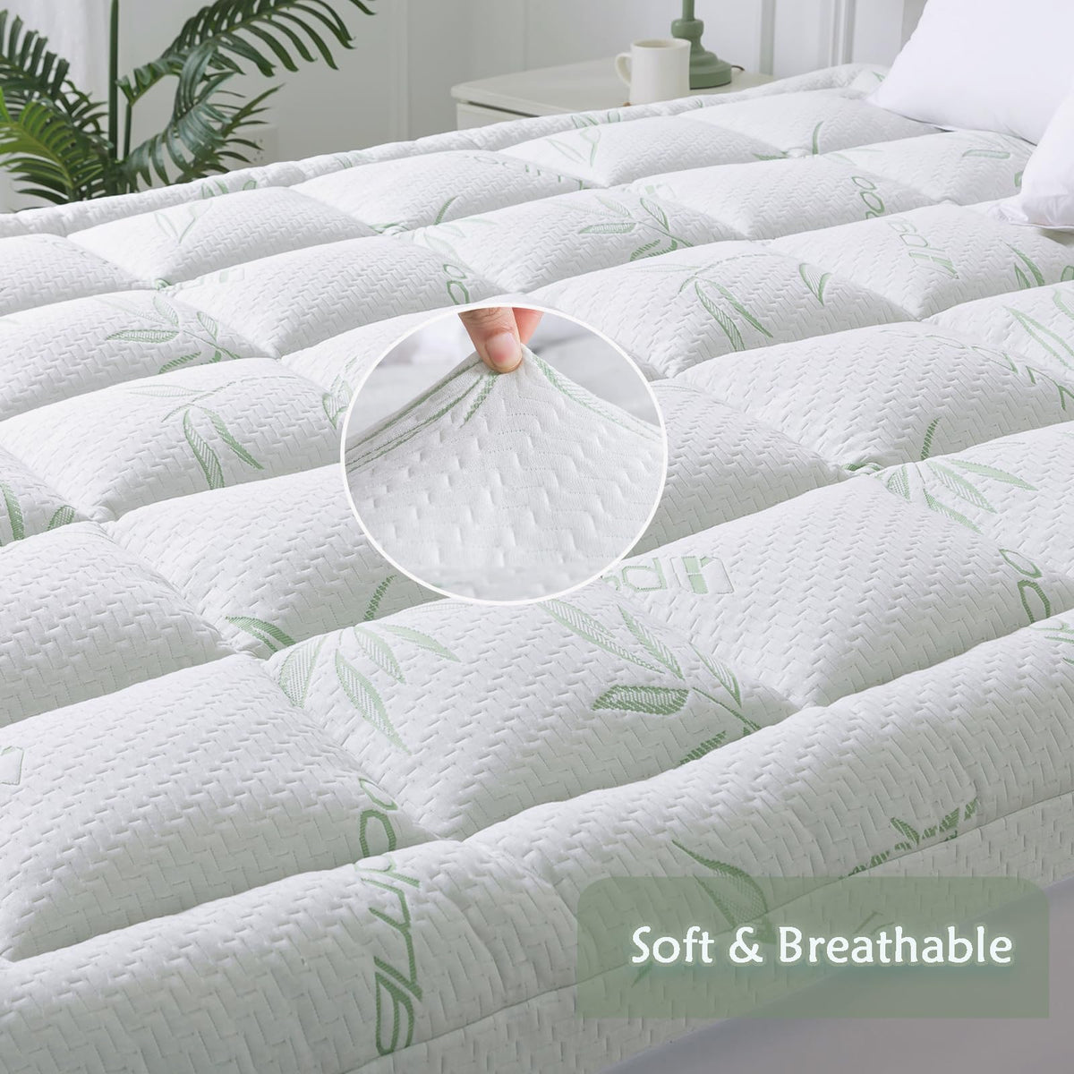 WhatsBedding Mattress Topper Twin, Soft Pillow Top Mattress Topper with Deep Pocket Fits 8–21 Inch,7D Spiral Fiber Filling, Bamboo Viscose Air Layer Twin Mattress Topper