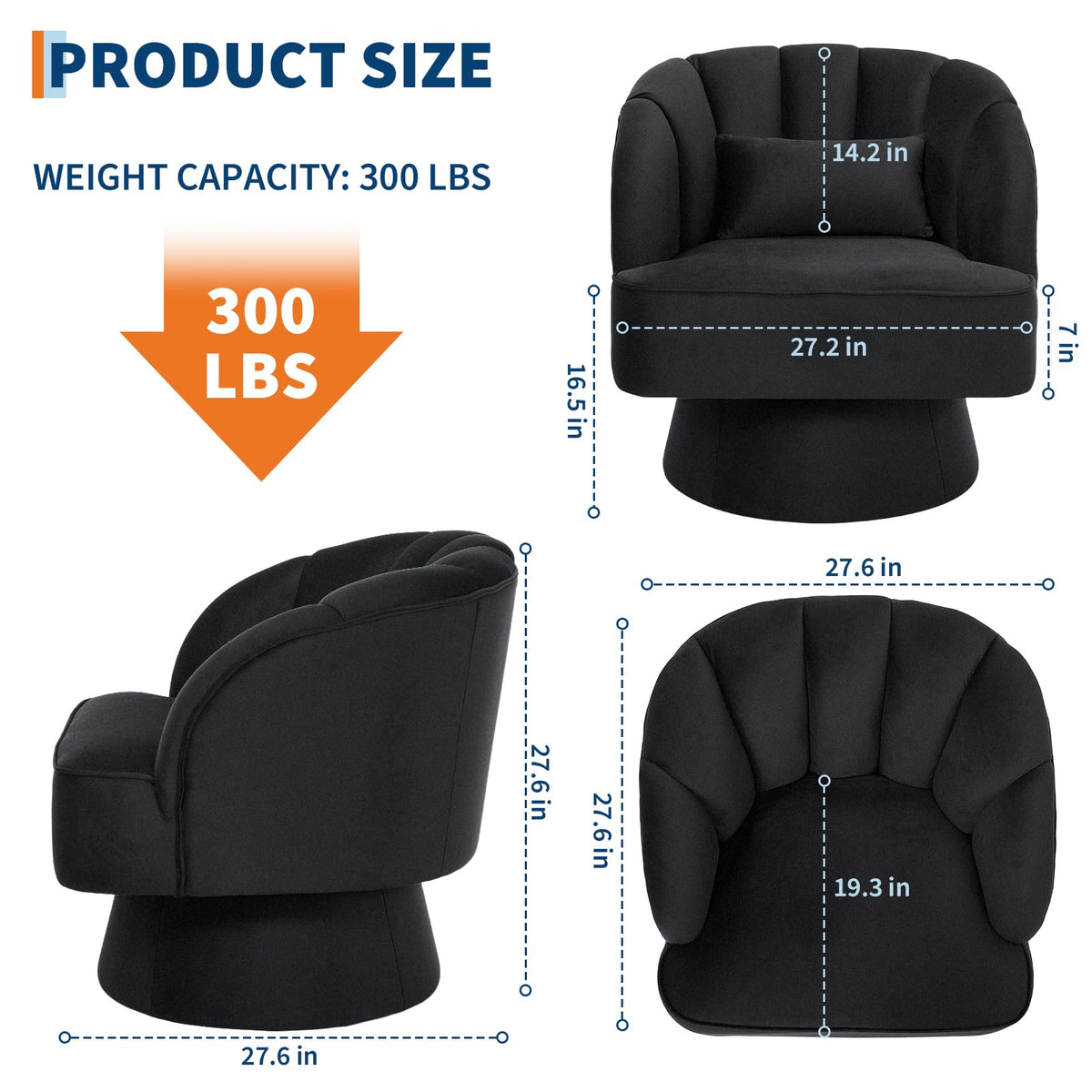 Garvee Ultra-Plush Swivel Accent Chair, 360° Barrel Lounge Chair with Cloud-Like Padding & Modern Striped Backrest, Velvet Upholstered Round Armchair for Living, Bedroom Reading Nook - Black