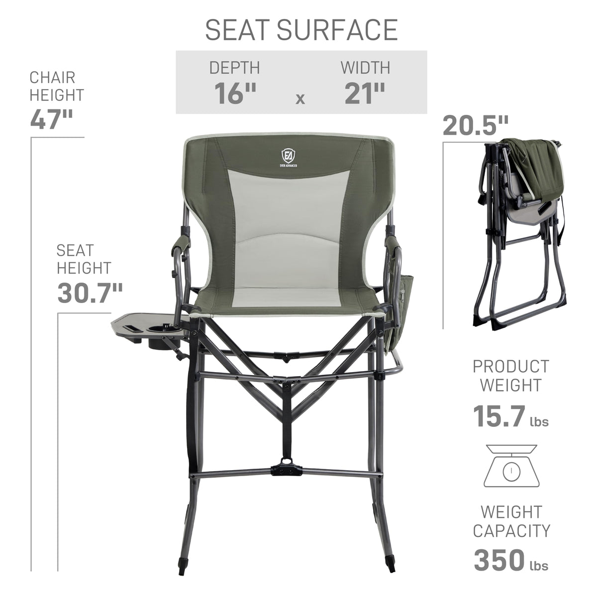 EVER ADVANCED Portable 30.7" Seat Height Tall Folding Camping Chair Directors Chair High Foldable Bar Stool with Side Table for Makeup Artist, Sports Event, Craft Show, Supports 350LBS