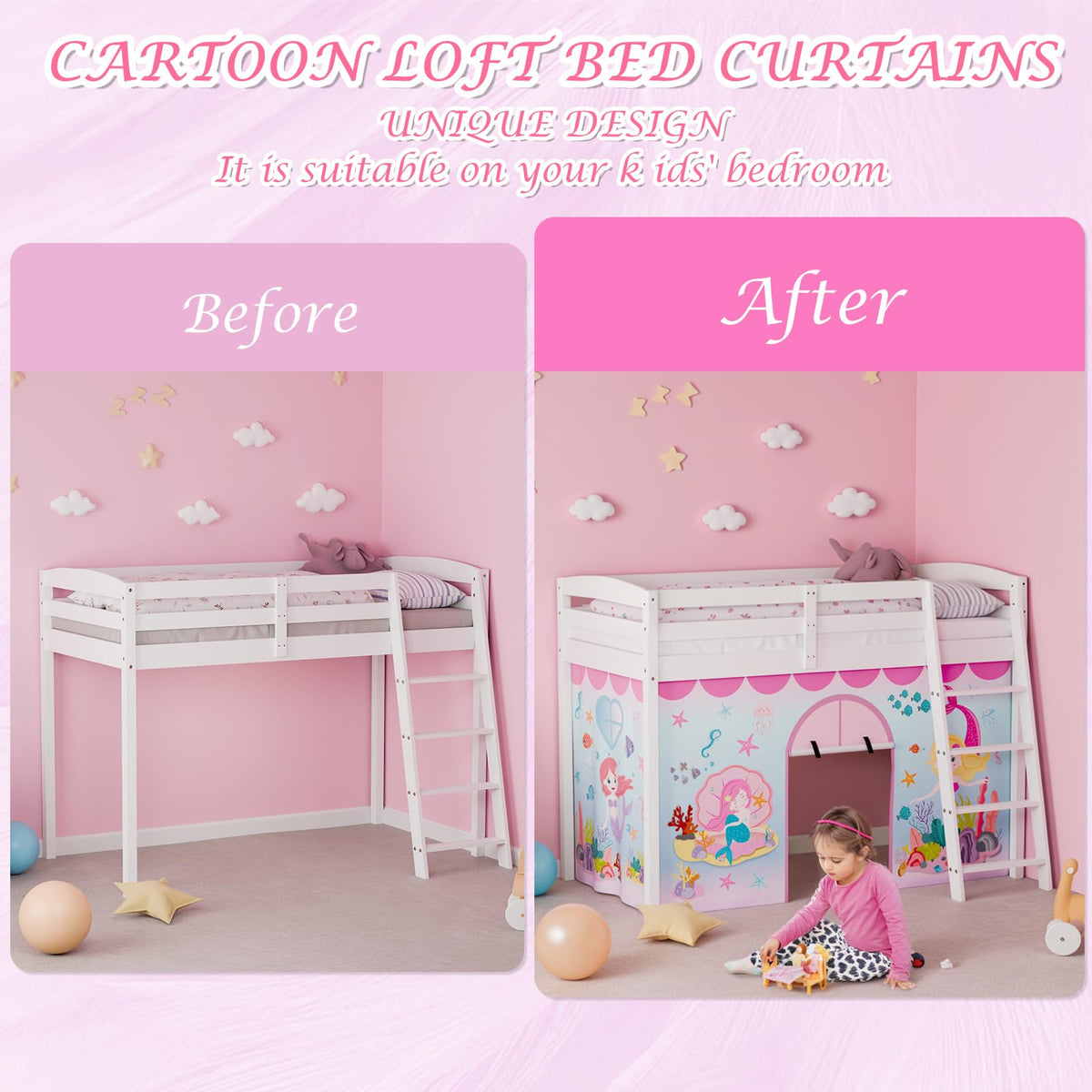 YRDKB Mermaid Bunk Bed - Curtains Premium and Customizable Cartoon Loft Bed Curtains for Children to Enhance The Imaginative Creation Bedroom Curtains(3PCS,Twins)