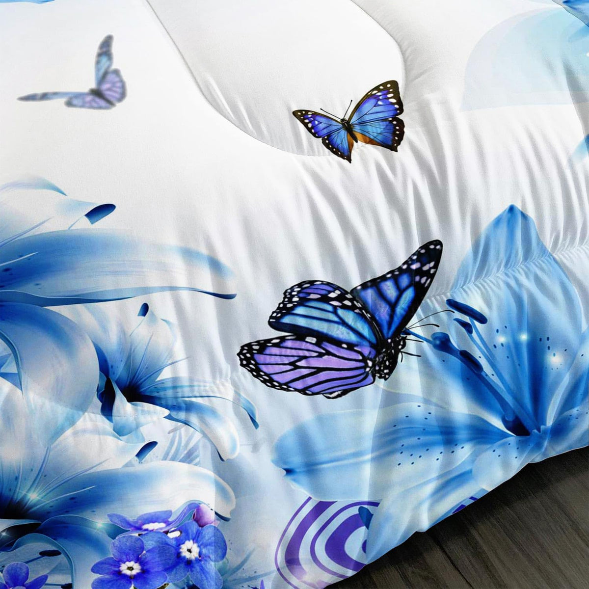 AILONEN Beautiful Butterfly Comforter Set Full Size, Blue Floral Butterfly Bedding Set for Kids Girls Women Room Decor,3Pcs Soft Breathable Duvet and 2 Pillowcases