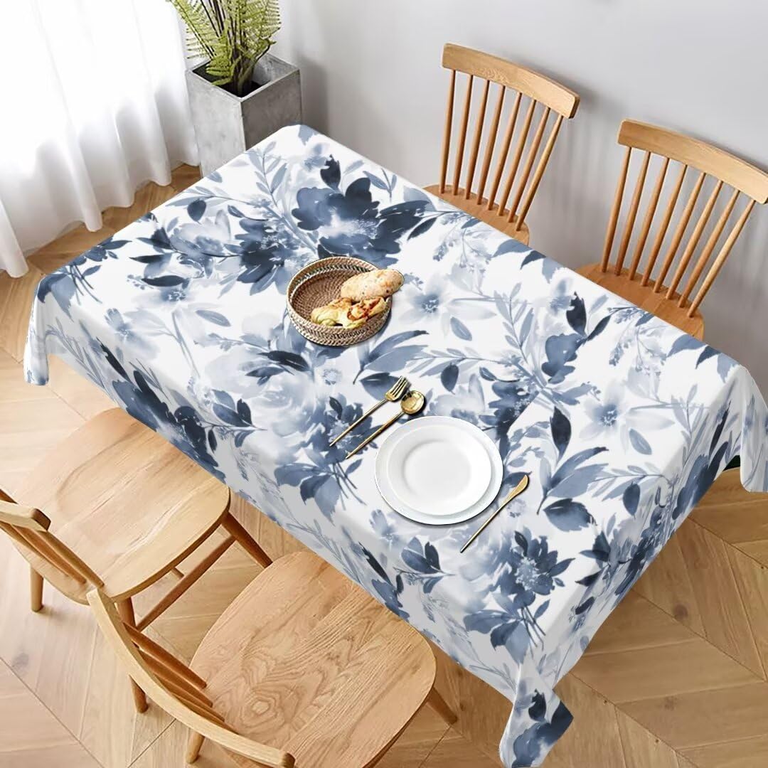 Sunshineyan Navy Blue Floral Tablecloth 60 x 84 Inch Rectangle, Dark Blue and White Flower Tablecloths Tablecloths Polyester Spring Table Cloth for Holiday Parties Kitchen Dining Indoor Outdoor