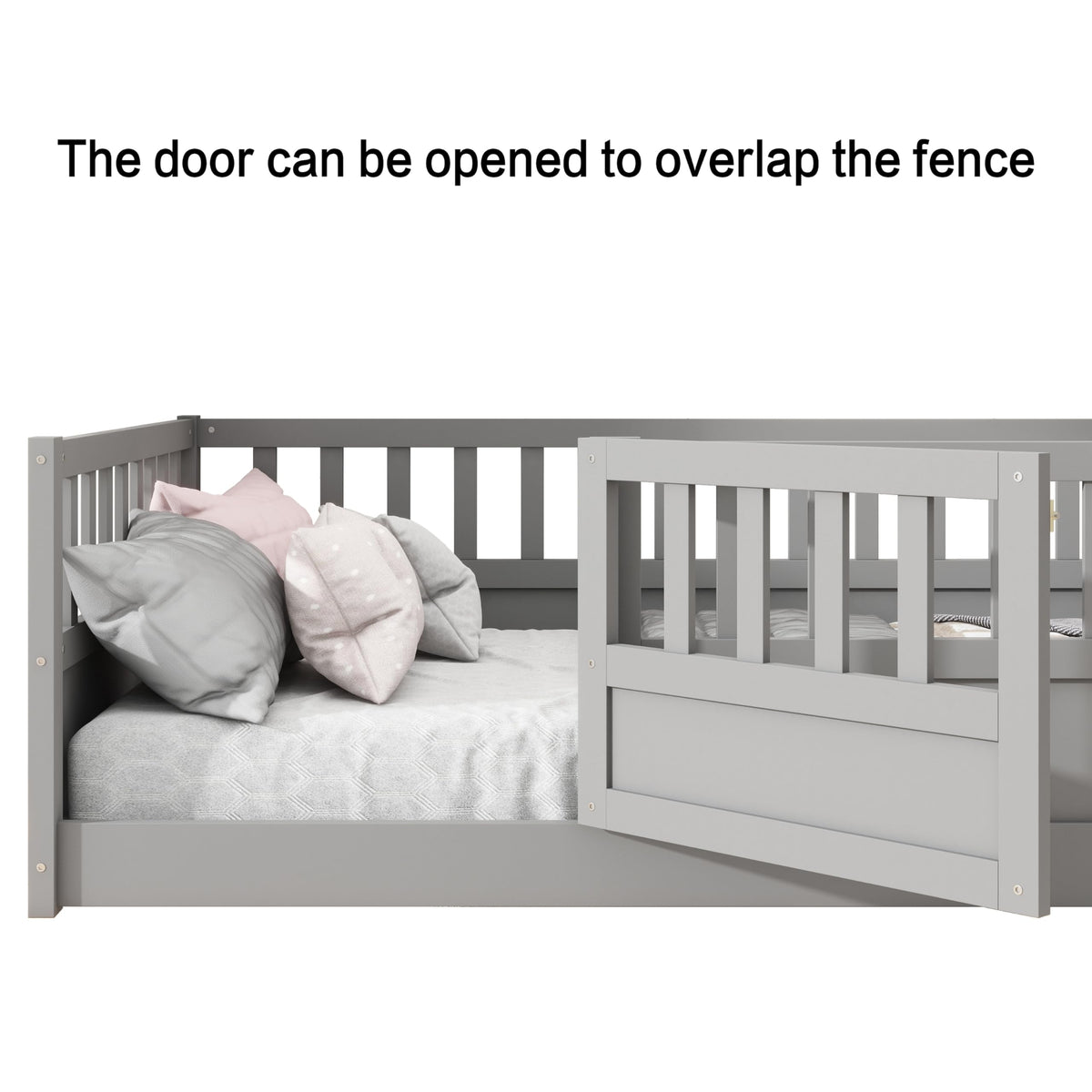 KEIKI Full Kids Floor Bed, Montessori Kids Floor Bedframe with Fence & Door, Children's Wood Bed for Living Room, Gray