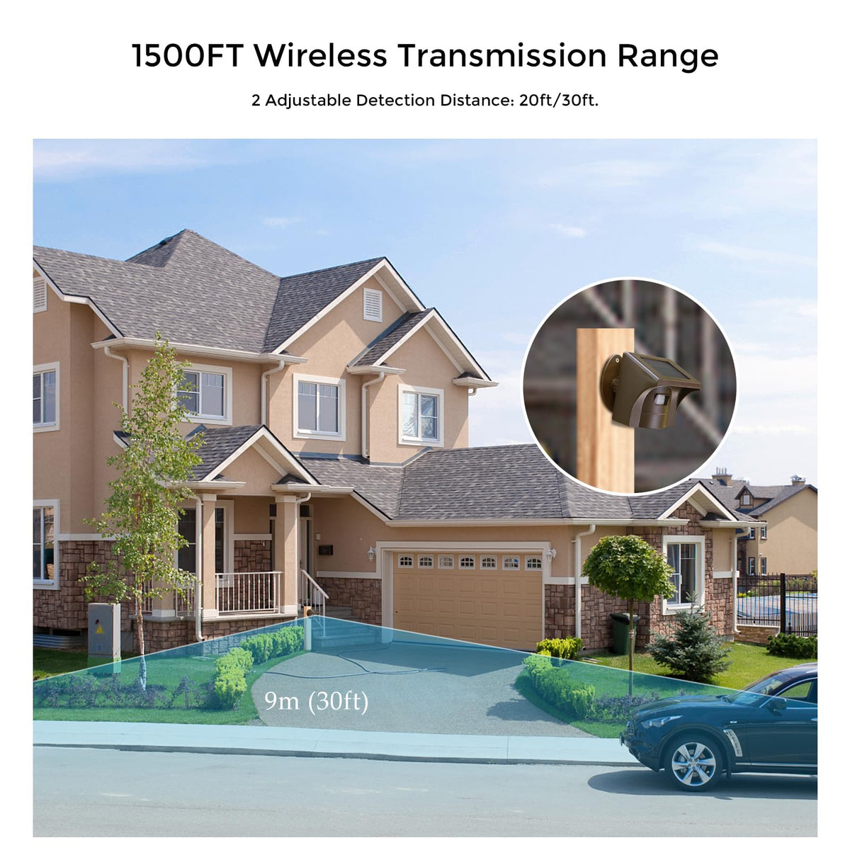 eMACROS Pro 3 Smart Solar Driveway Alarm System (2.4G Wi-Fi), App Push Notifications, 1/2 Mile (2600 ft) Wireless Range Motion Sensor & Plug-in Receiver, Weatherproof Property Alert (No Camera)