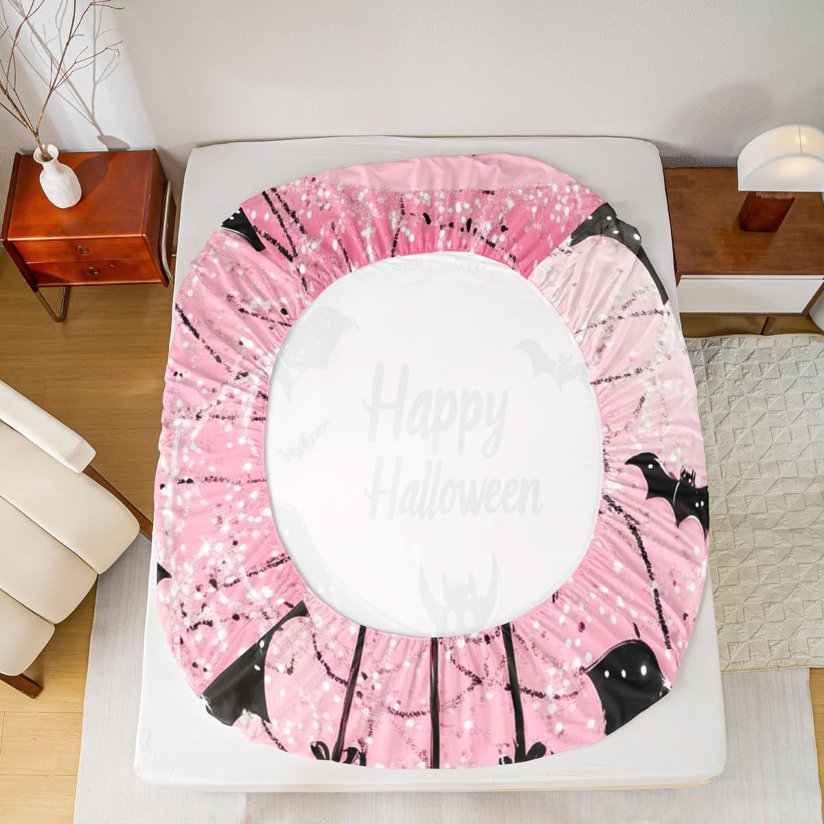 Feelyou Kids Happy Halloween Bed Sheet Set Full Size, Black Bat Bedding Set Boys Girls Pink Fitted Sheet Spider Web Teens Bedroom Decor Lightweight Bed Set (No Flat Sheet)