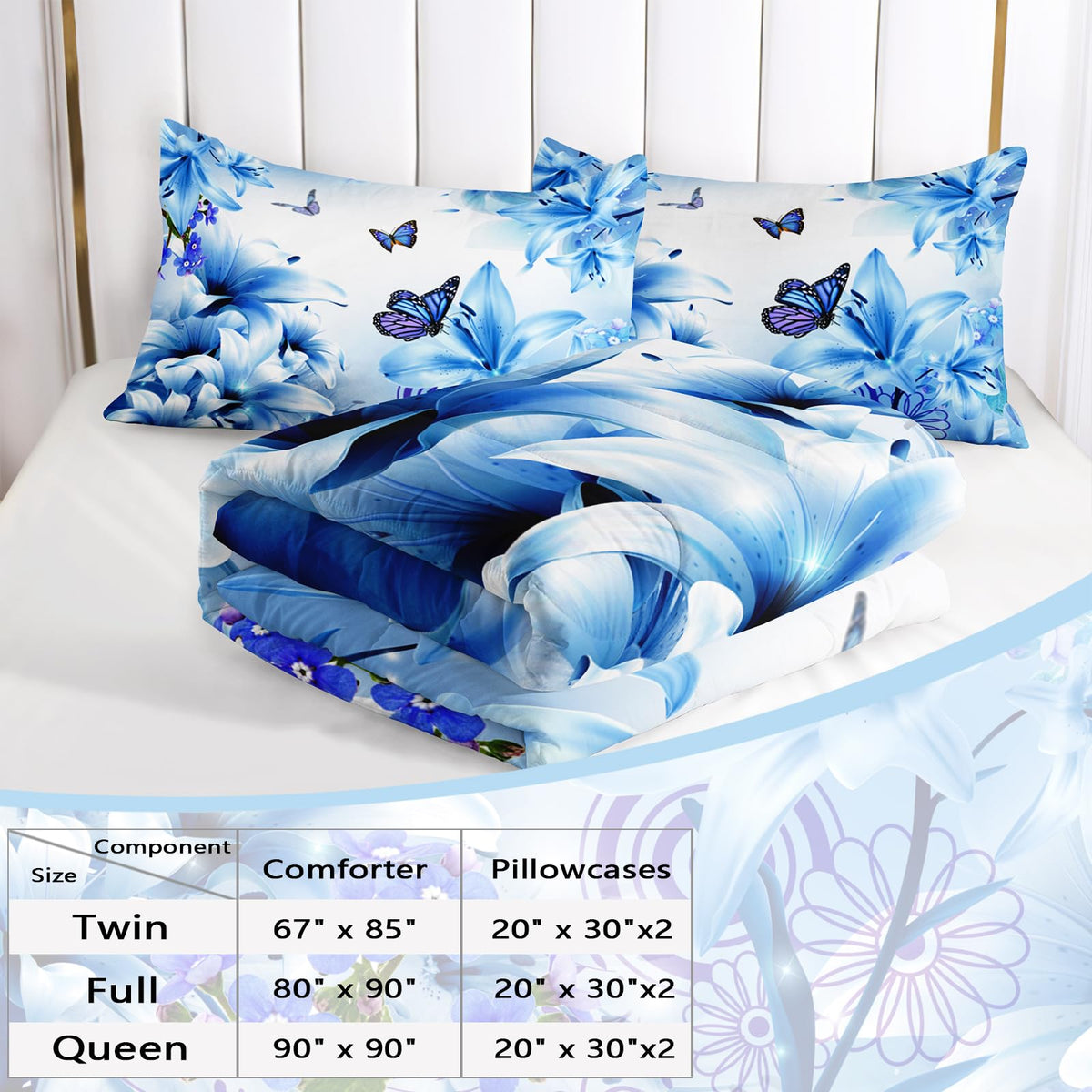 AILONEN Beautiful Butterfly Comforter Set Full Size, Blue Floral Butterfly Bedding Set for Kids Girls Women Room Decor,3Pcs Soft Breathable Duvet and 2 Pillowcases