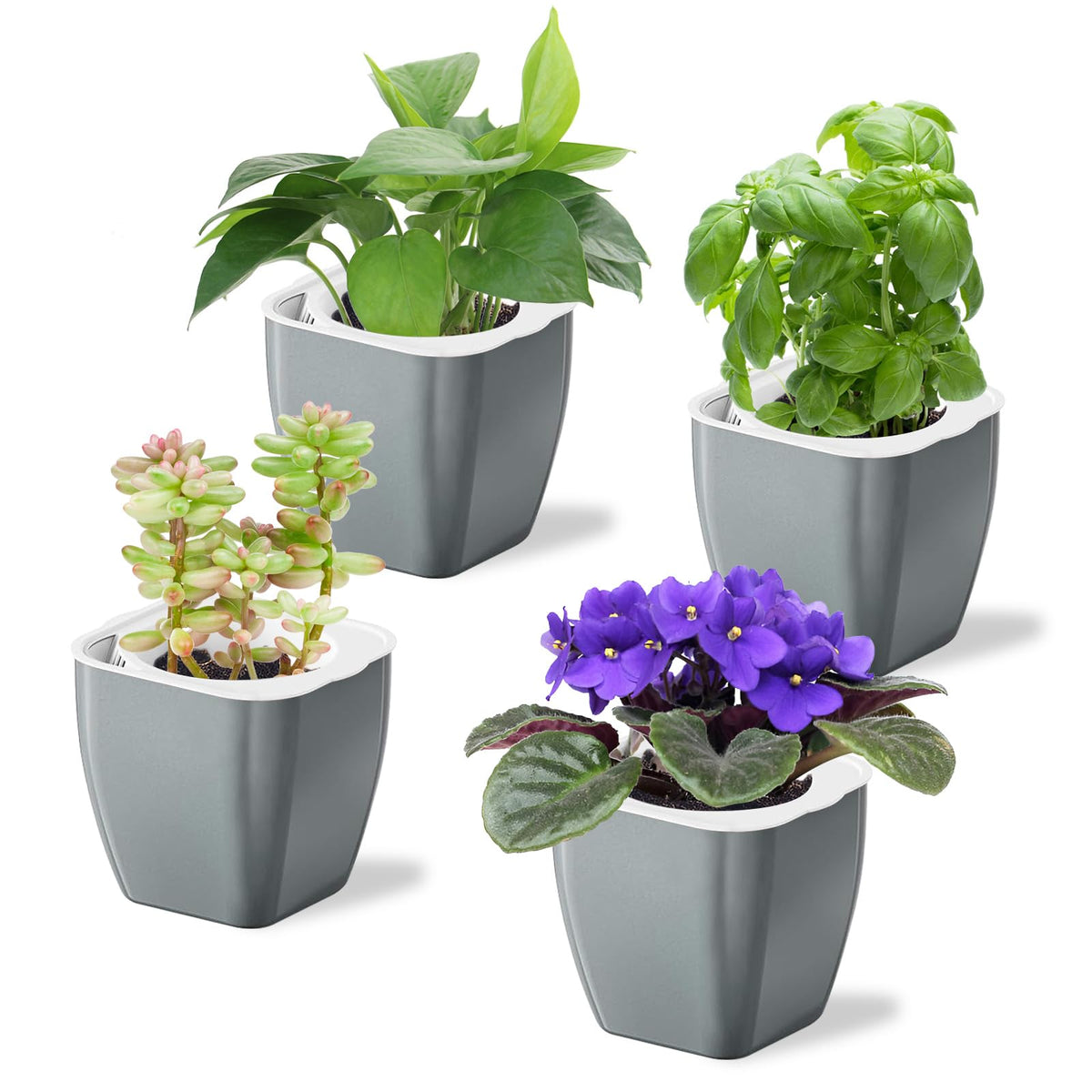 Oliz 4 Pack Self Watering Pots 4-inch Decorative Flower Planters for Indoor Plants Modern Square planters for Small Plants Window Sill Planters for Succulents, African Violets, Herbs(Sliver Black)