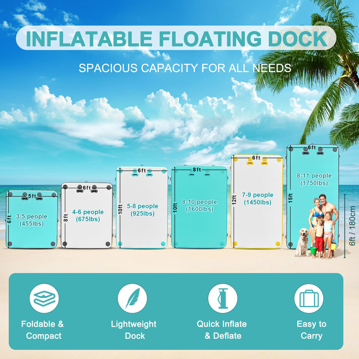 AWSUM Inflatable Floating Dock Air Dock Platform, 6ft x 5ft Floating Island Raft with Non-Slip Surface for Lake Pool Beach Ocean