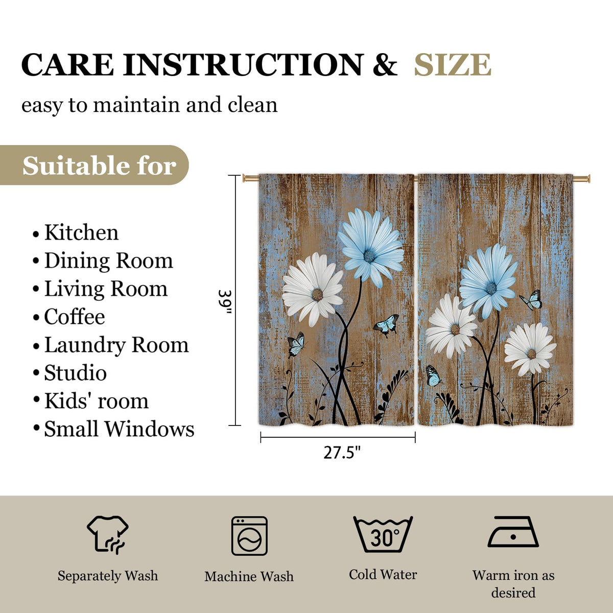 Cizuug Blue Farmhouse Daisy Curtains KitchenWooden Barn Plank Small Short Cafe Window Curtains Butterfly Rustic Country Spring Farm Bathroom Drapes Treatment Tier Curtains 2 Panels