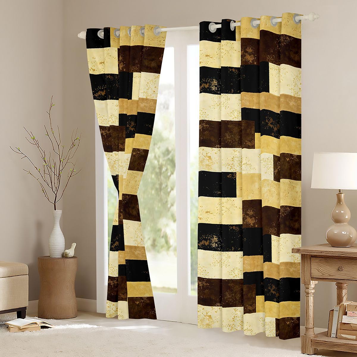 Erosebridal Golden Brown Geometric Blackout Curtains Abstract Color Blocking Window Curtains 52" Wx84 L Kids Adults Rustic Lattice Window Treatments Drapes for Room Stylish Patchwork Artwork 2 Panels